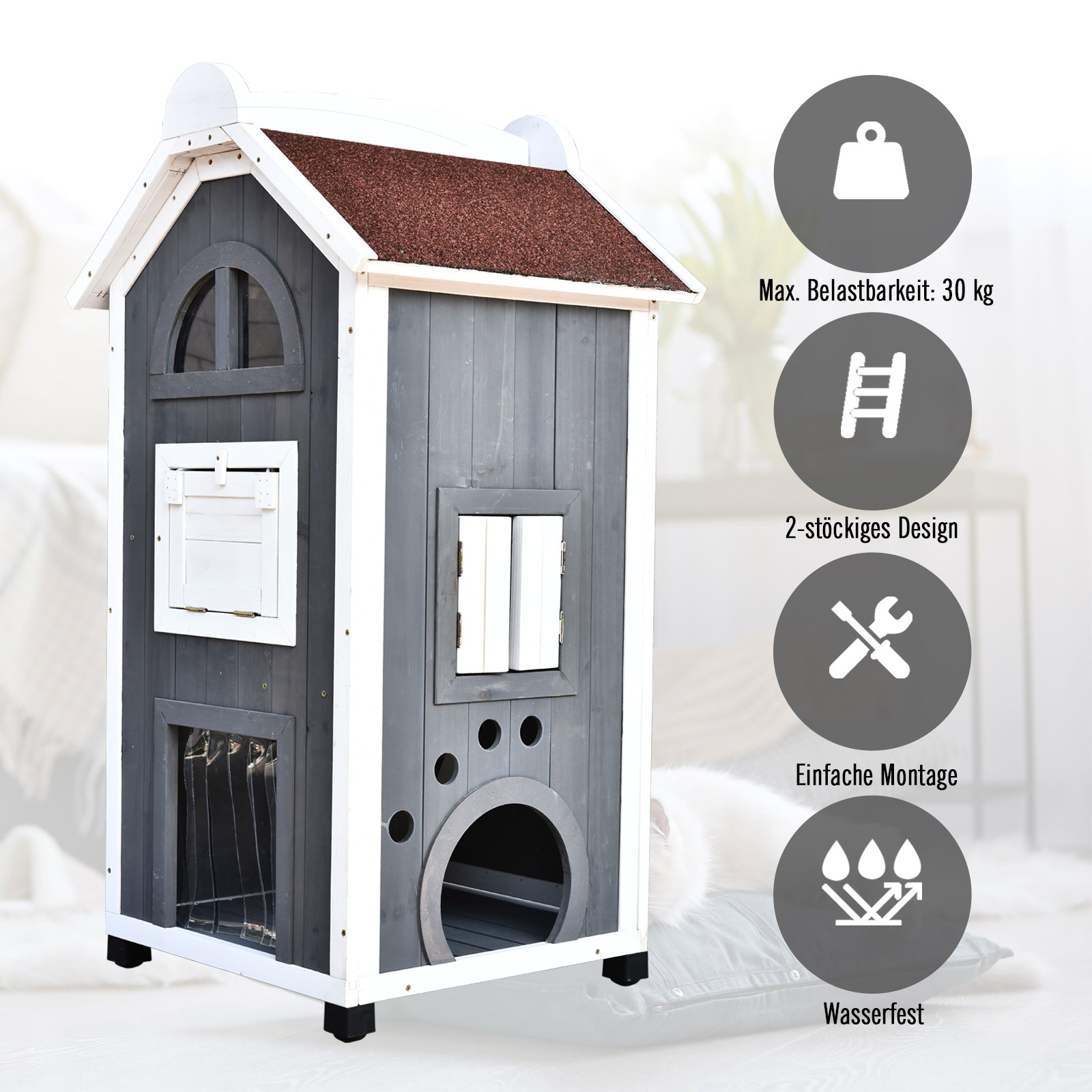 PawHut Katzenhaus für Katzenbett oder Katzentoilette, Katzenschrank, Katzenklo Indoor, Tannenholz, Asphaltdach, Grau, 59 x 55 x 109 cm