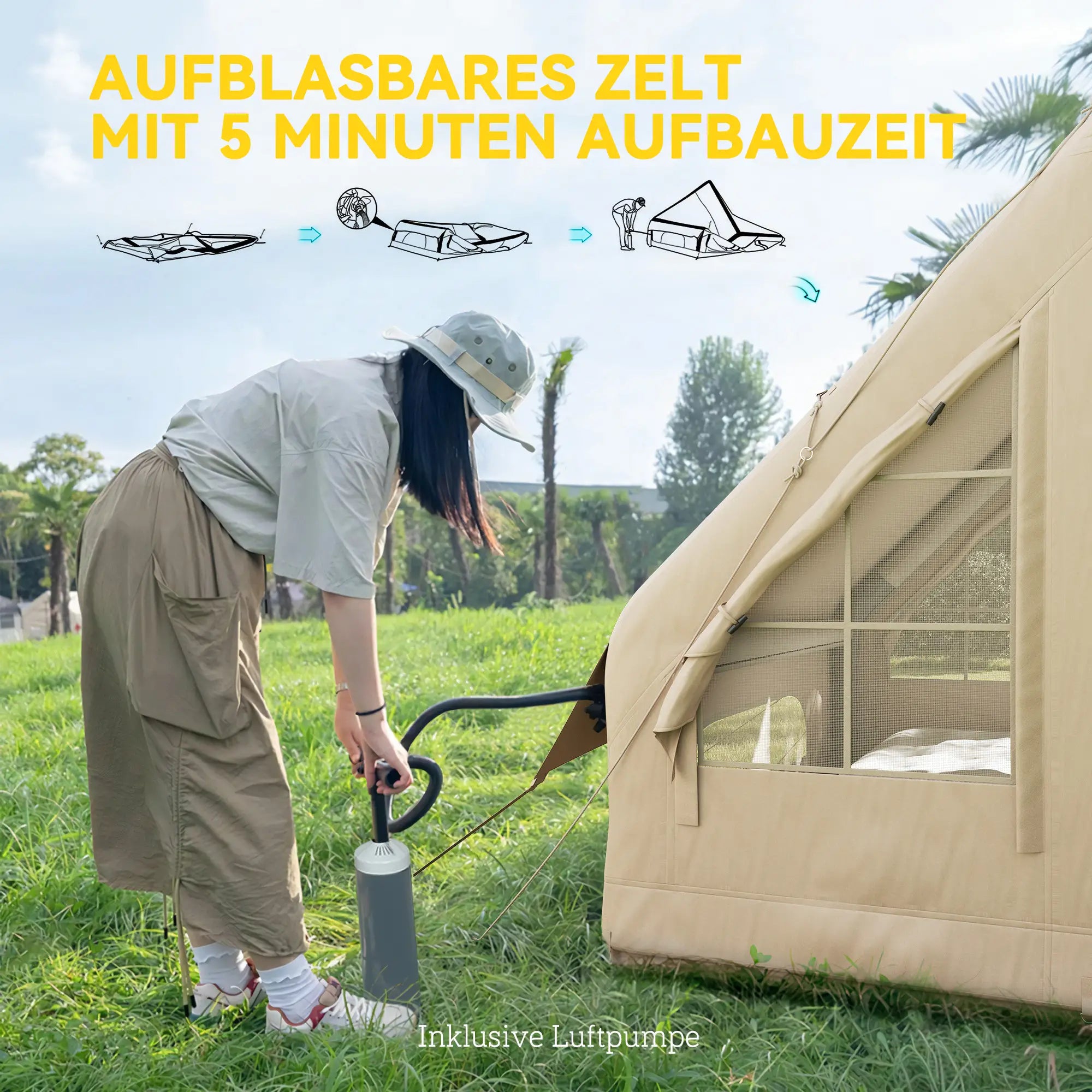 Outsunny Aufblasbares Campingzelt, 3 Personen, mit Luftpumpe & Tasche