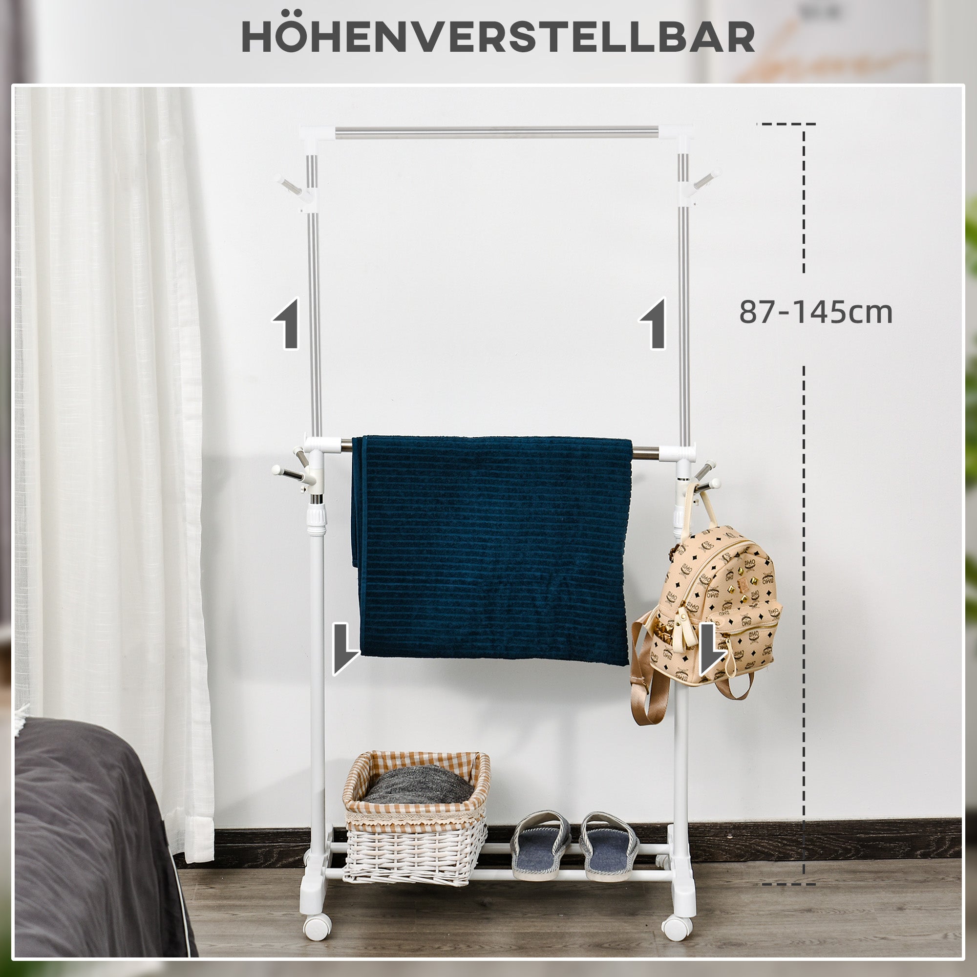 HOMCOM Rollbarer Garderobenständer, höhenverstellbar, mit unterer Ablage, 4 Räder, Weiß
