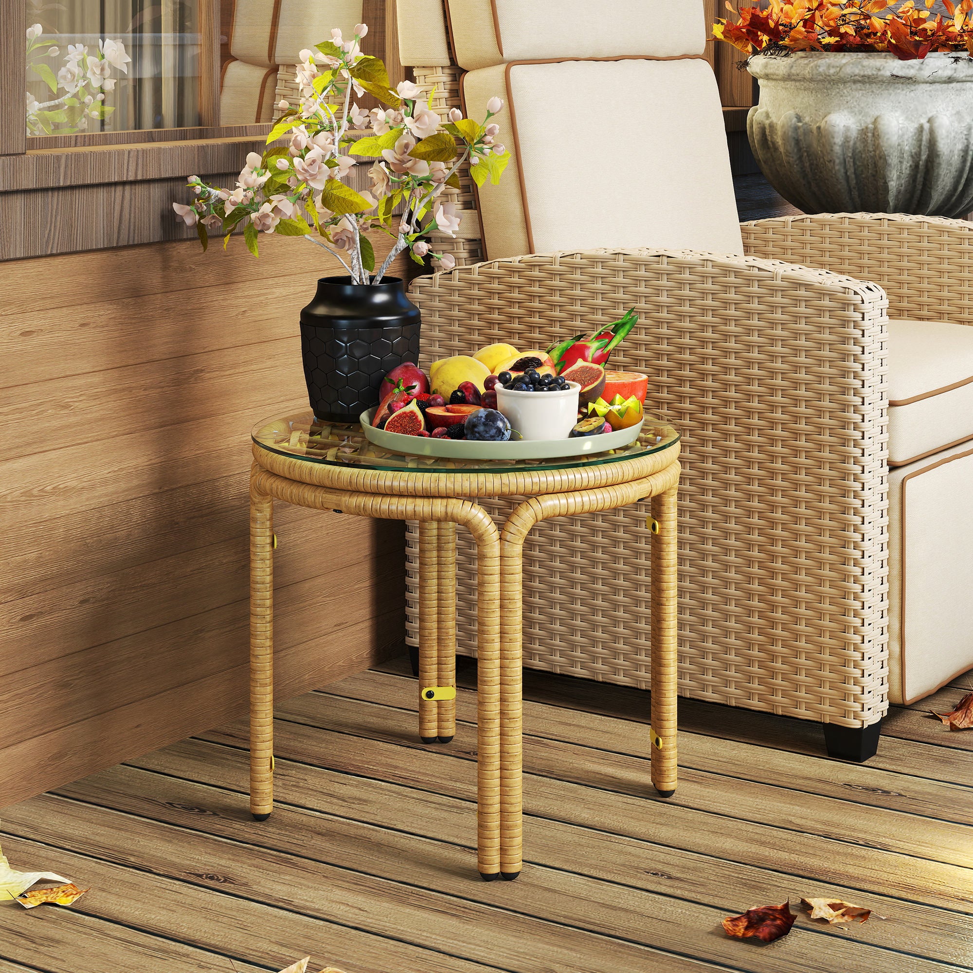 Outsunny Beistelltisch aus Polyrattan runder Couchtisch mit Glas Tischplatte Nachttisch Ø50 cm Gelb