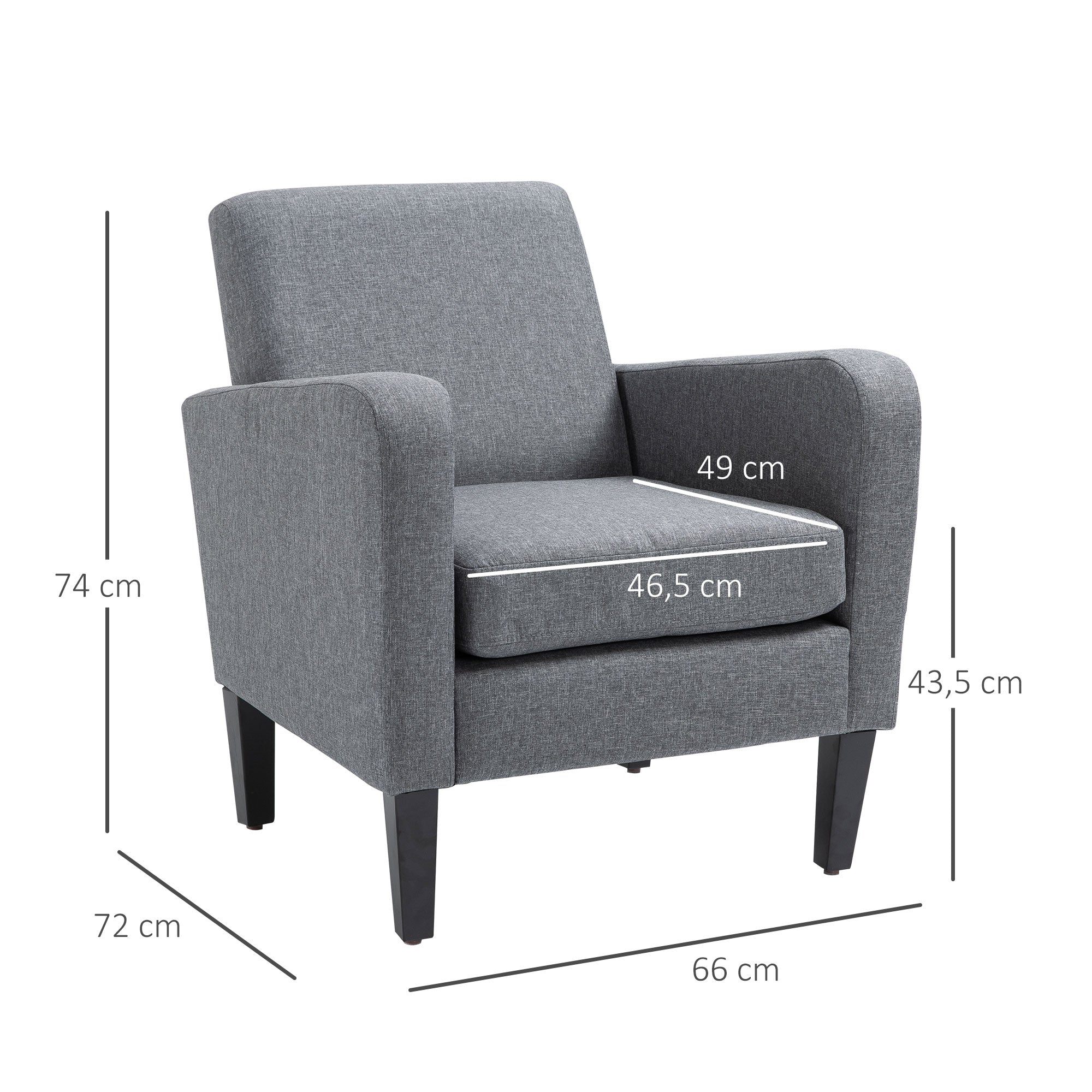 HOMCOM Einzelsessel, Relaxsessel, Polstersessel mit Holzfüßen, Stoff in Leinenoptik, 66 x 72 x 74 cm, Hellgrau
