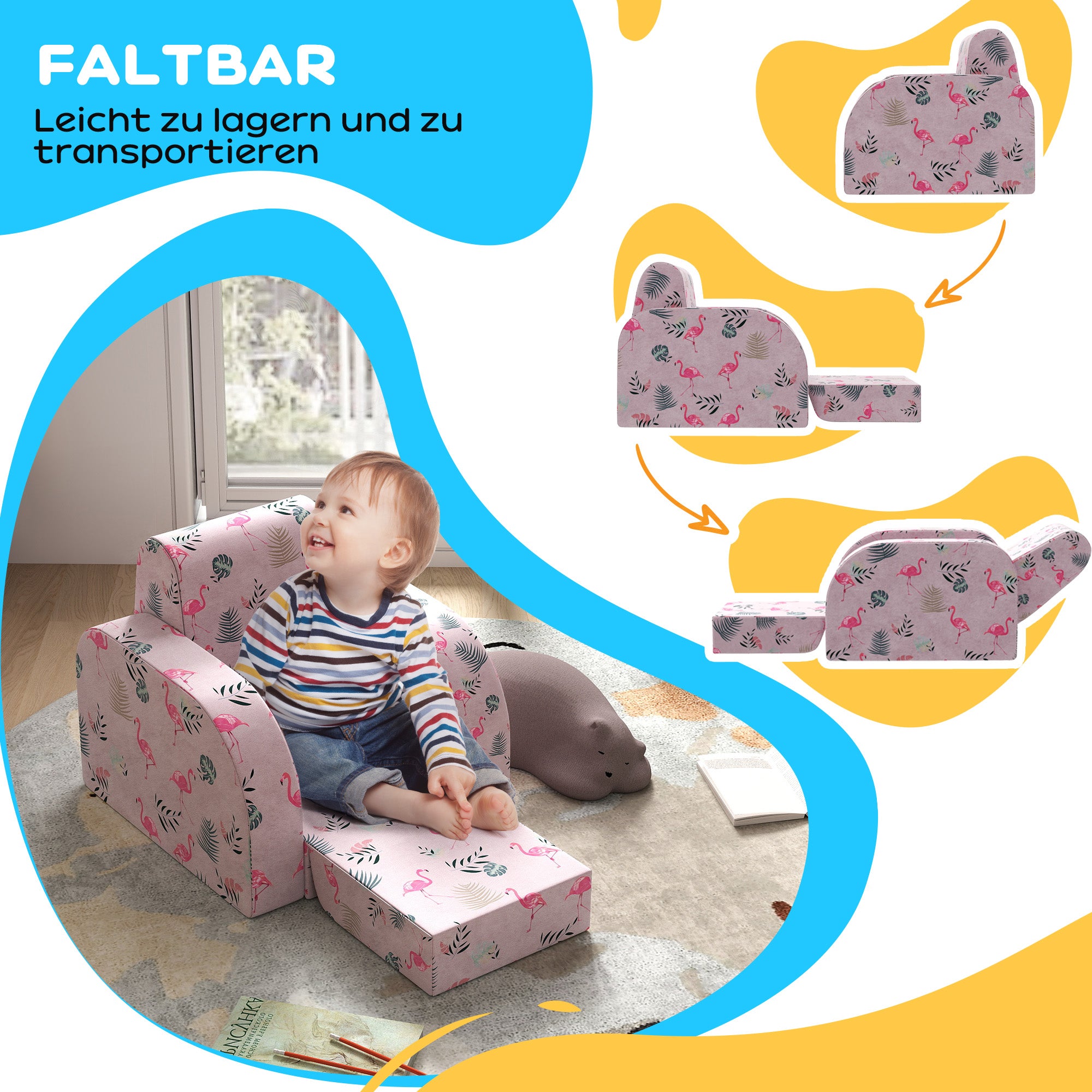 AIYAPLAY Kindersessel mit Bettfunktion, bis 3 Jahre/45 kg, Flamingo-Muster, 46,5x93x28,5 cm, Rosa