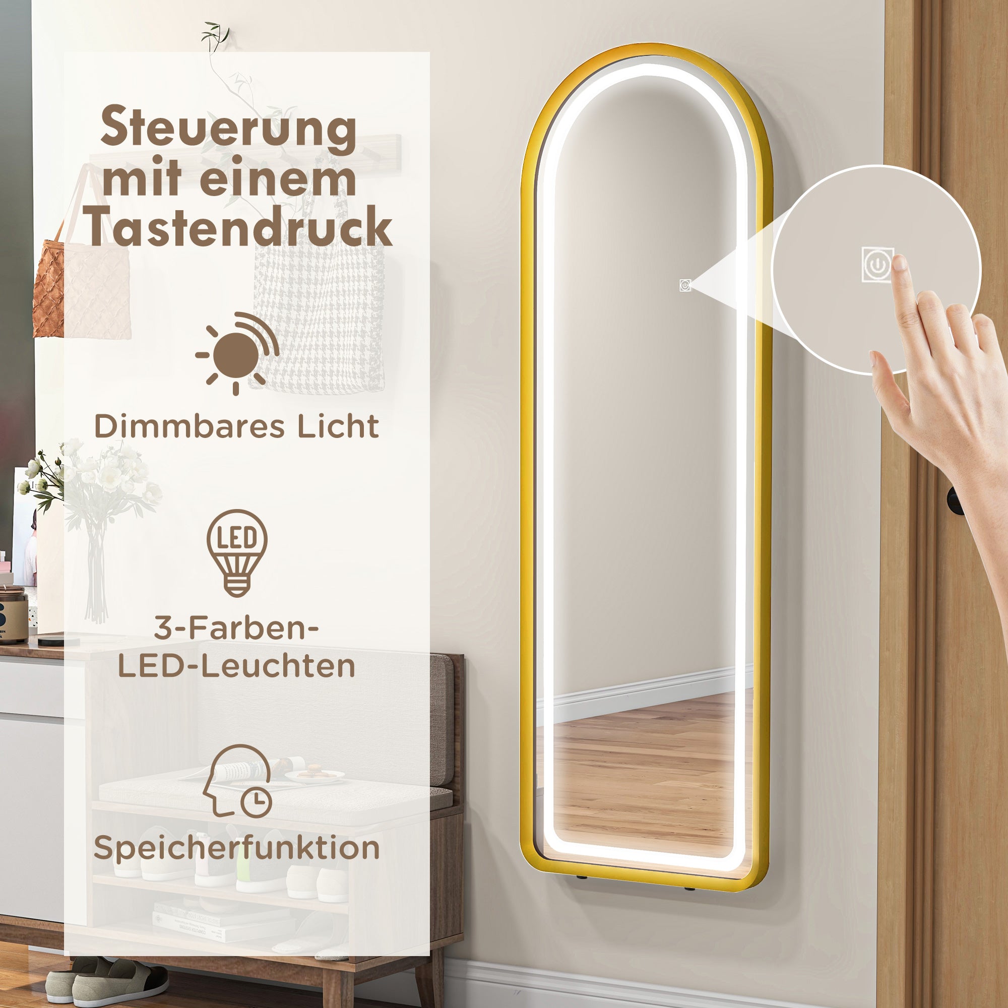 HOMCOM Standspiegel Wandspiegel Ganzkörperspiegel inklusive Wandbefestifung, 151,5 x 50 x 4 cm, Gold