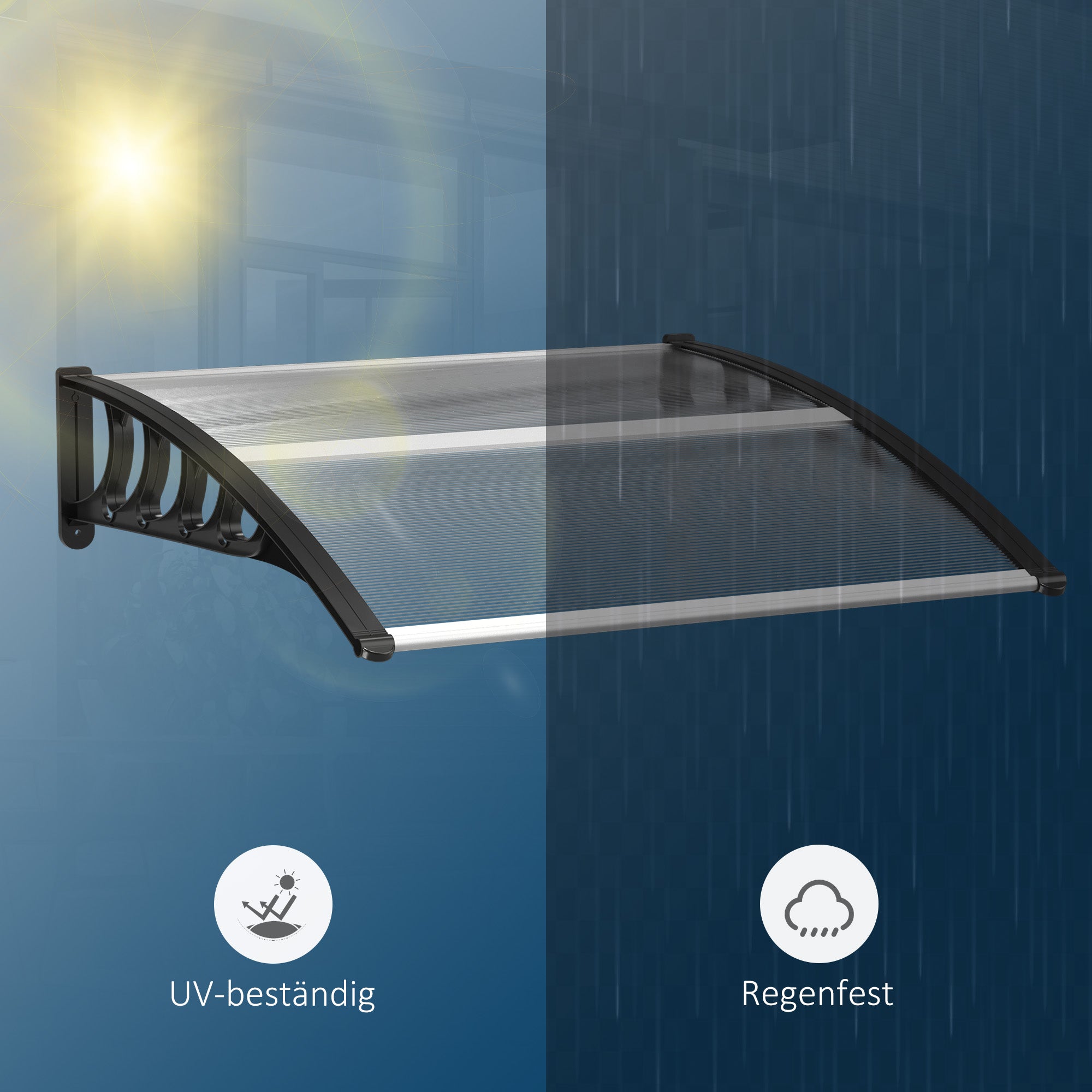 Outsunny Vordach für Haustür/Fenster, wetterfest, transparent, Aluminium/Polycarbonat, 103x96,5x27cm, Schwarz