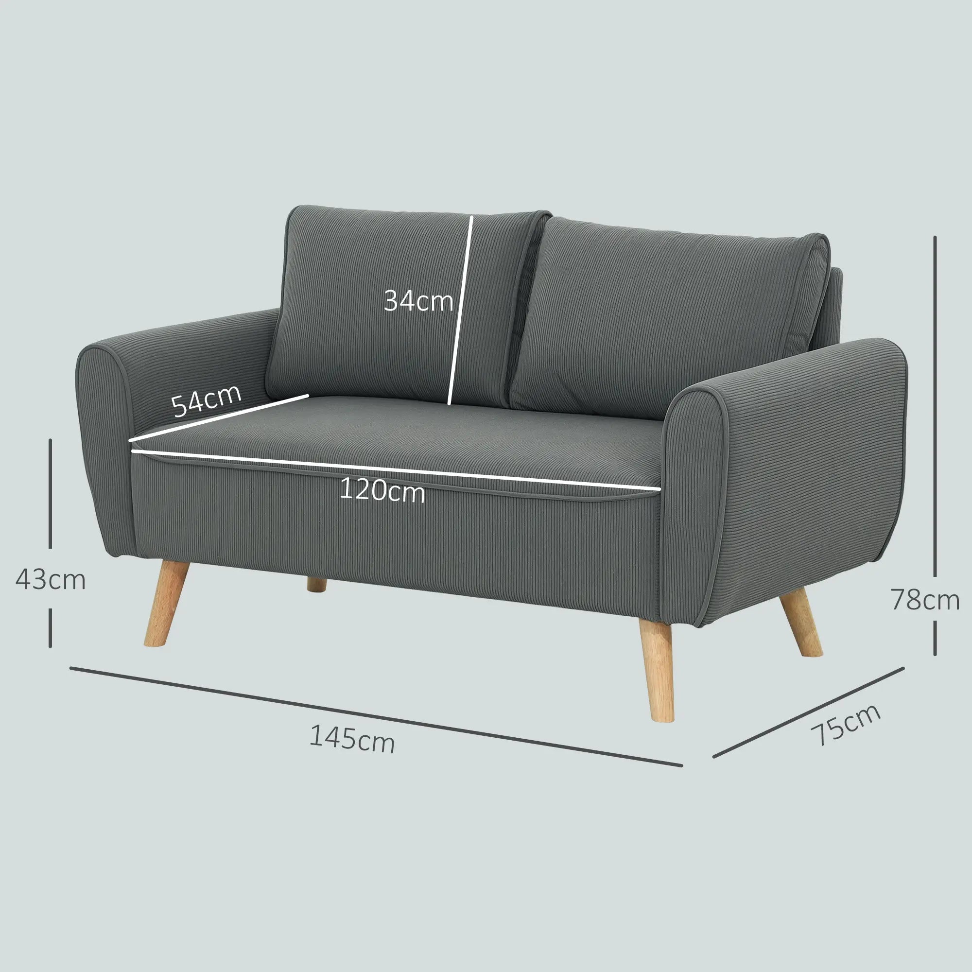 HOMCOM Zweisitzer Sofa Cord tiefe Sitze abnehmbare Kissen Dunkelgrau