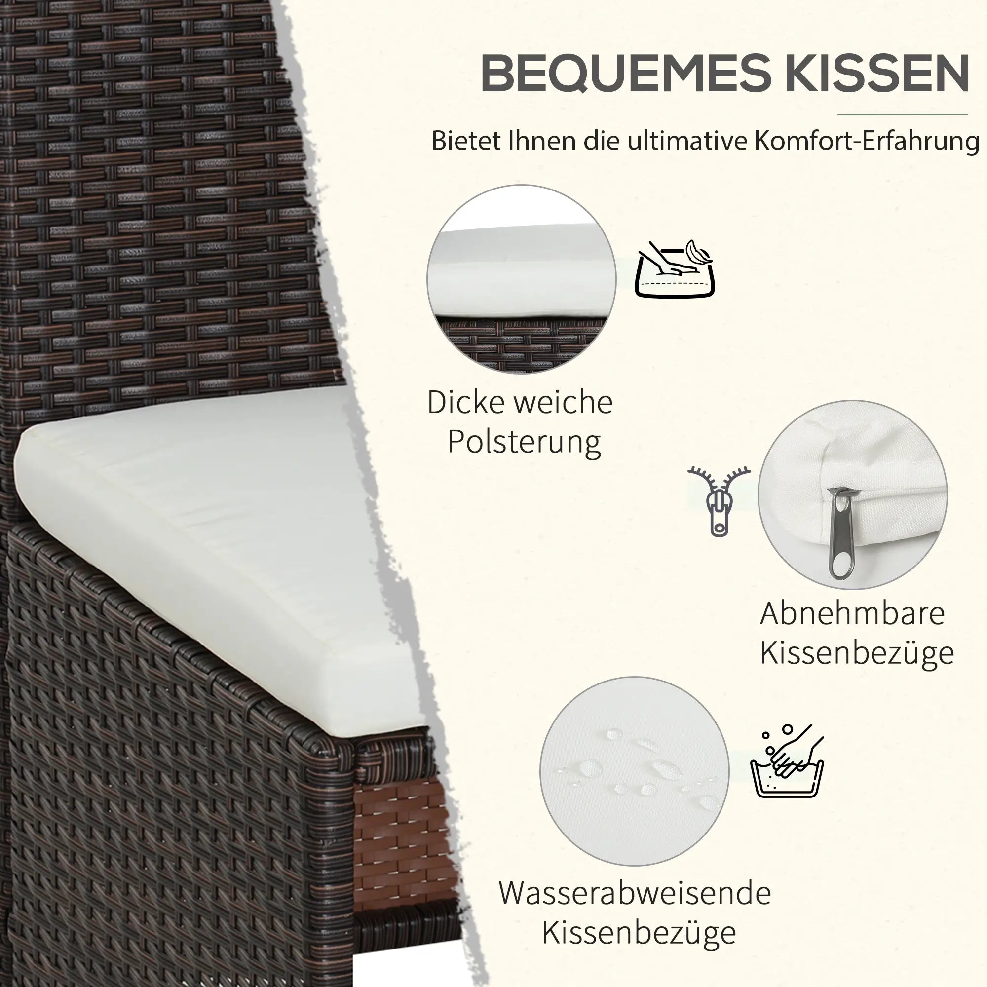 Outsunny 5-teiliges Polyrattan Gartenmöbel-Set, wetterfest Balkonmöbel für 4 Personen Terrassenmöbel mit Tisch 4 Stühle Kissen, Lounge-Set Essgruppe Sitzgruppe für Balkon, Garten, Braun+Khaki