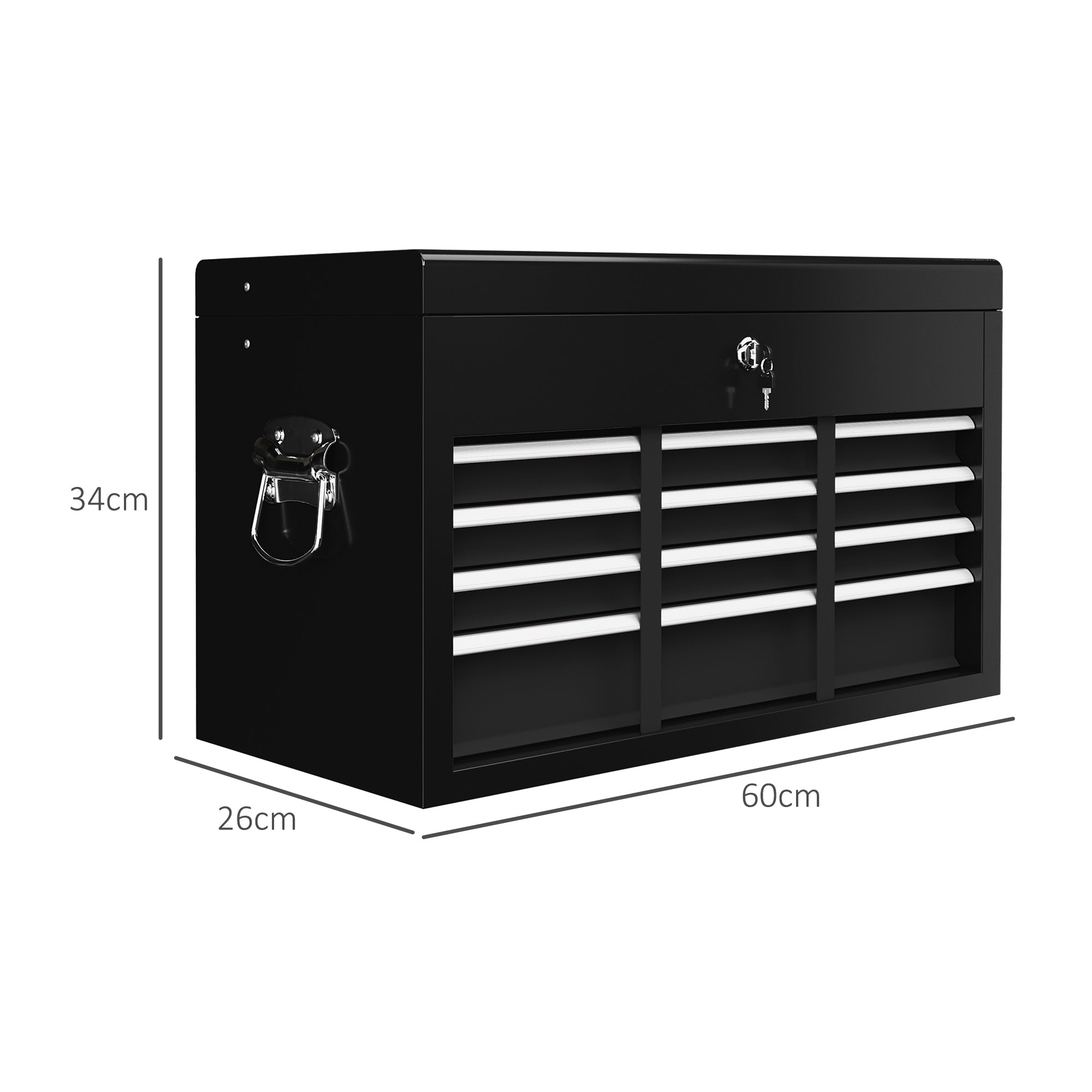 HOMCOM Werkzeugkiste, abschließbar, 3 Schubladen, Stahlgehäuse, 60x26x34cm, Schwarz