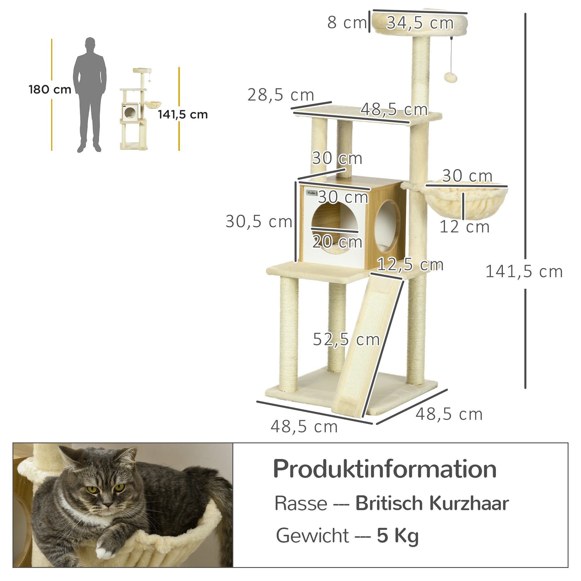 PawHut Kratzbaum mit Katzenhöhle. Katzenbaum, 1 Katzenhöhle, 1Hängematte, 1 Katzenbett, 1 Liegefläche, Natur+ Weiß + Braun