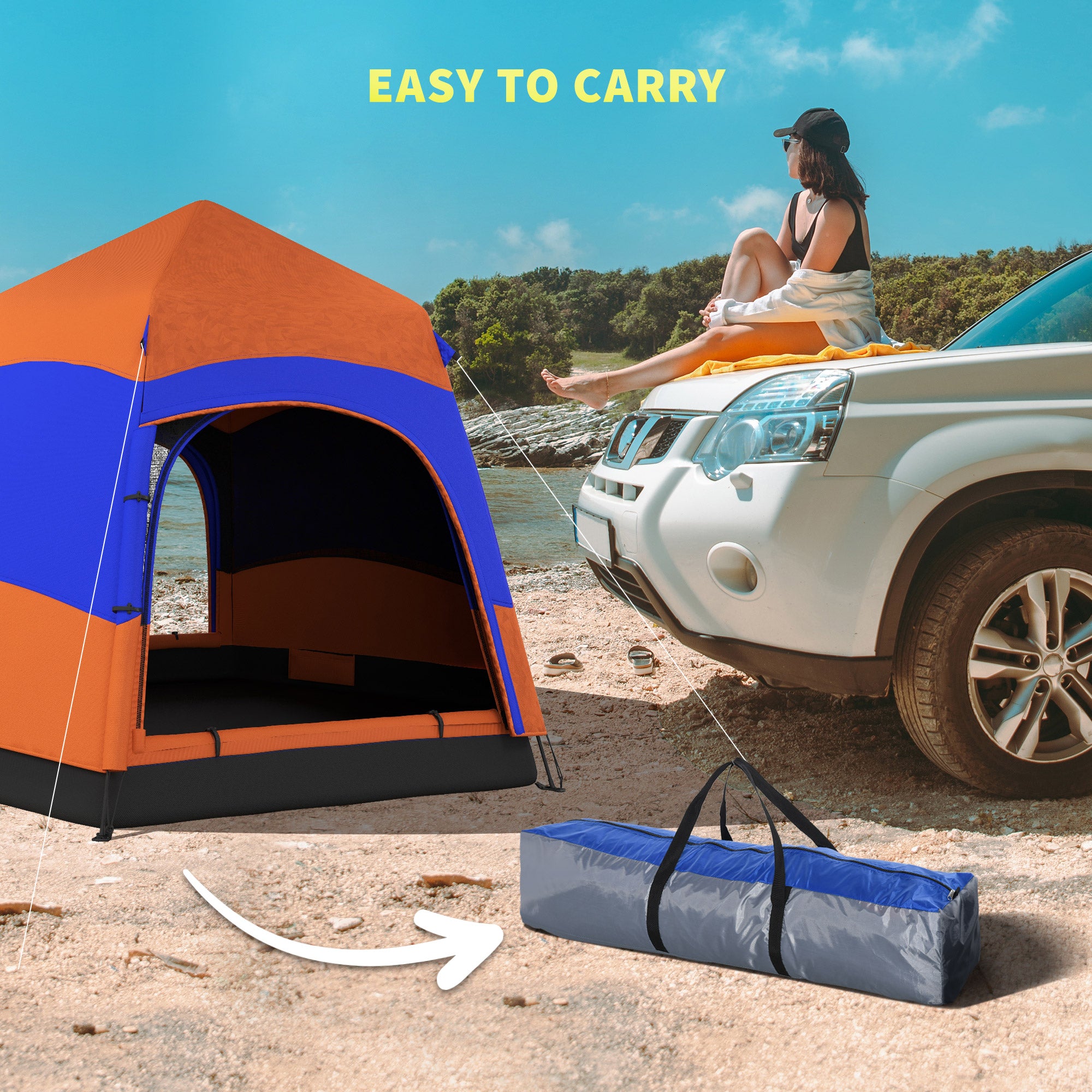 Outsunny Doppellagiges Instant-Pop-Up-Zelt mit Regenschutz, Outdoor Familienzelt für 4 Personen wasserdicht sechseckig 4 Jahreszeiten Kuppelzelt mit Bodenplane 2 Türen Moskitonetz Tragetasche Orange