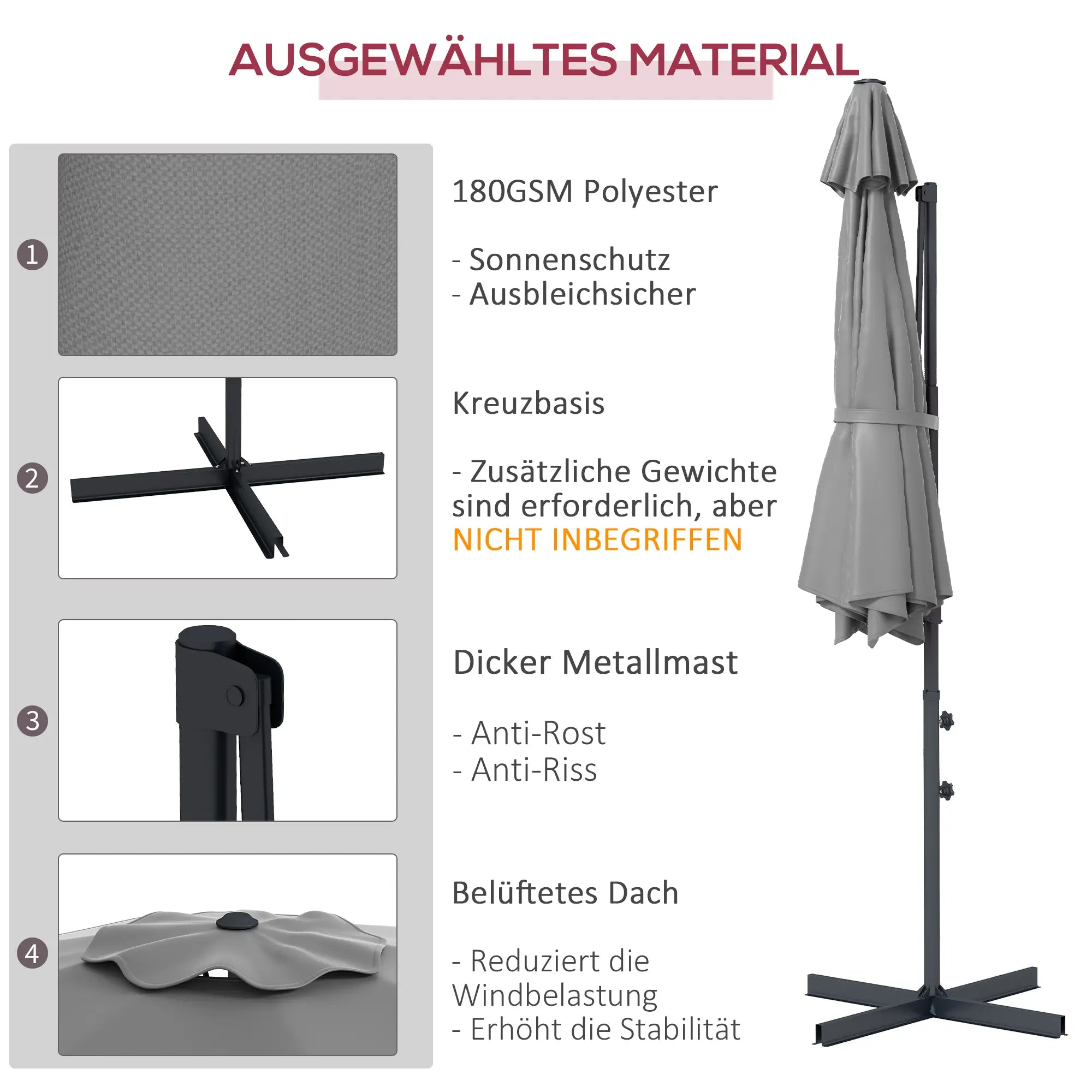 Outsunny Ø3 m Ampelschirm, neigbar, drehbar, Handkurbel, Windhaube, Metallmast, Dunkelgrau
