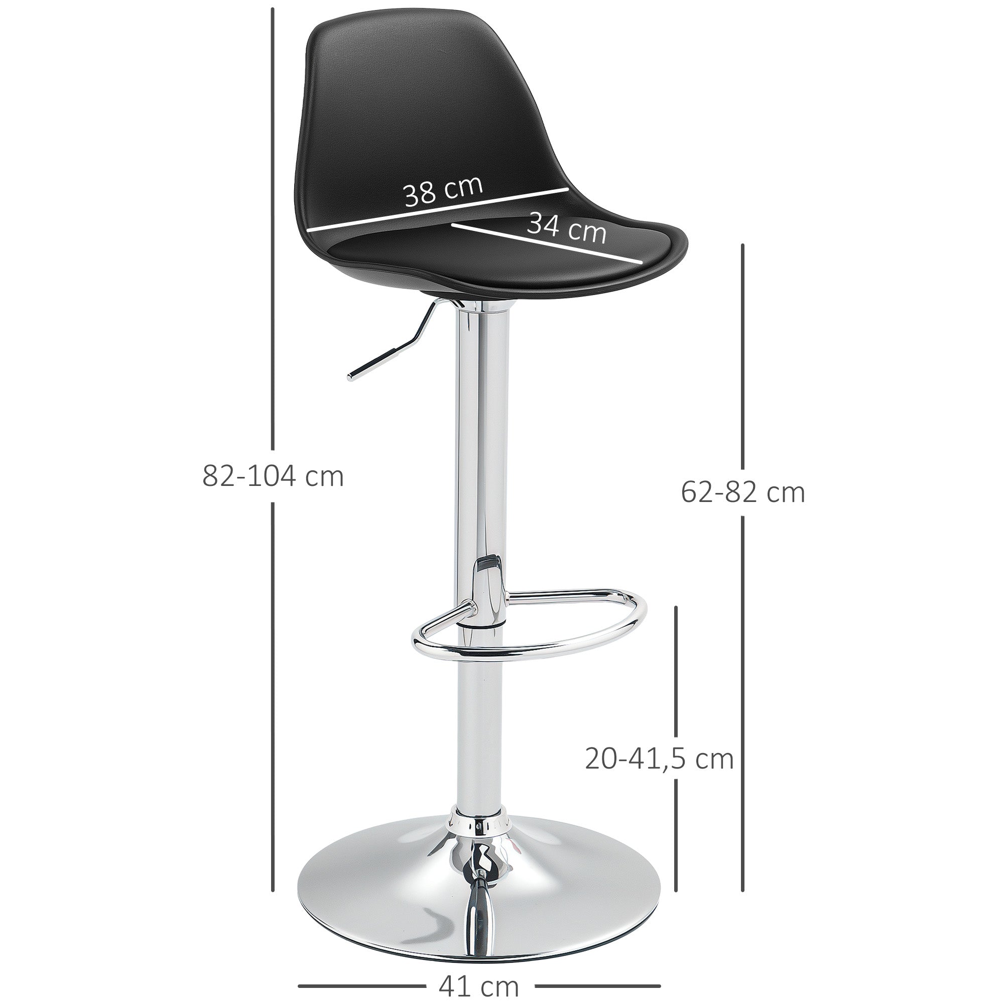 HOMCOM 2er-Set Barhocker, Barstühle, Drehstühle mit Lehne, höhenverstellbar, bis 120 kg belastbar, 42 x 38 x 82-104 cm, Schwarz