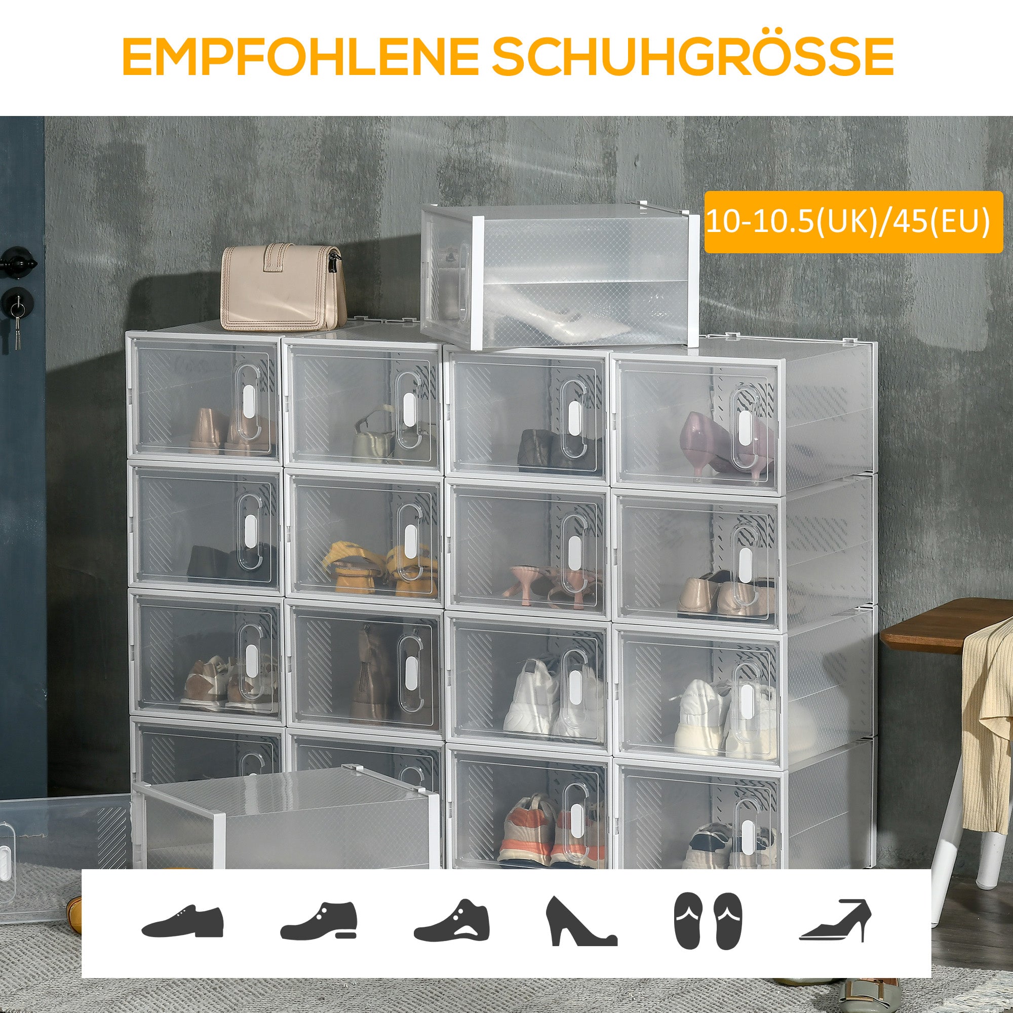 HOMCOM 18-teiliges Schuhregal, stapelbare Schuhboxen für Schuhe bis Größe 45, magnetische Türen, Kunststoff, 28 x 36 x 21 cm