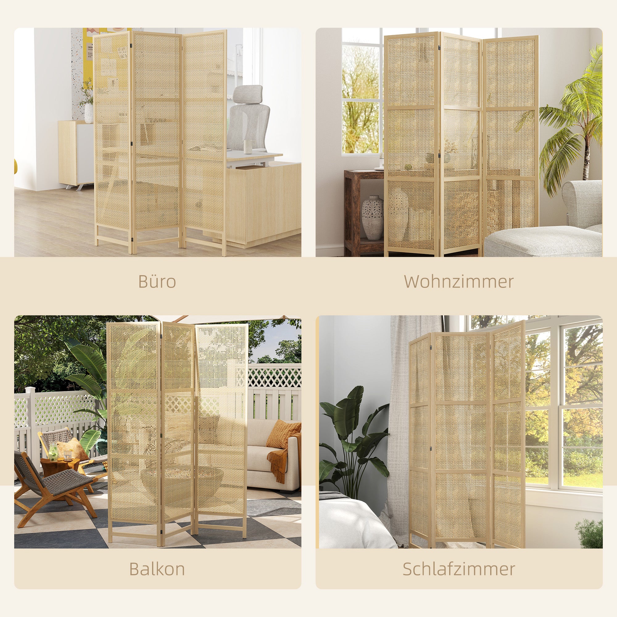 HOMCOM 3-teiliger Raumteiler, 180 cm faltbarer Wandschirm, Freistehender Raumtrenner mit handgewebtem Design für Zuhause, Natur