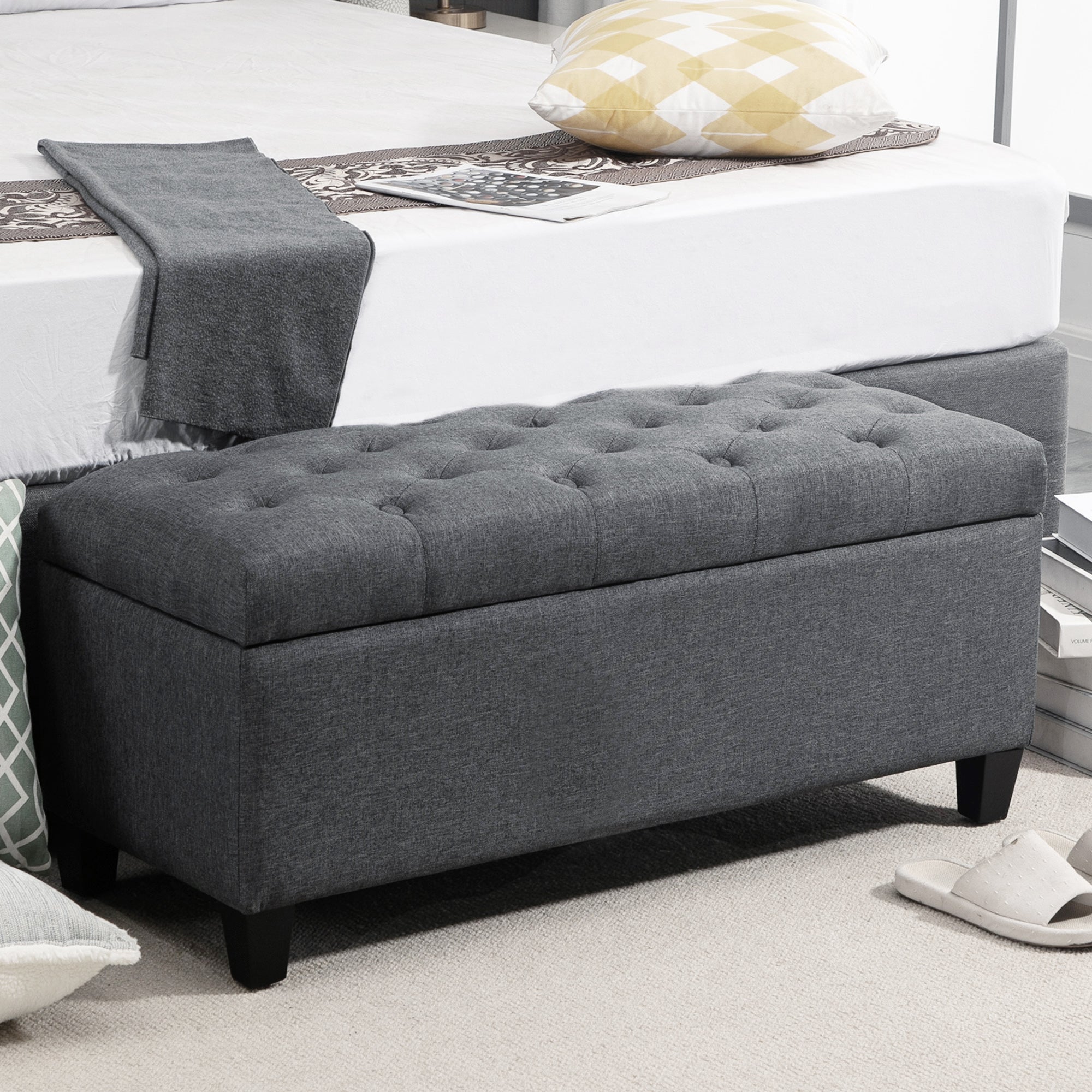 HOMCOM Sitzbank Polsterbank mit Stauraum Truhenbank Flur Schlafzimmer Wohnzimmer leinenartiges Polyester Gummiholz Dunkelgrau 100 x 40 x 44 cm