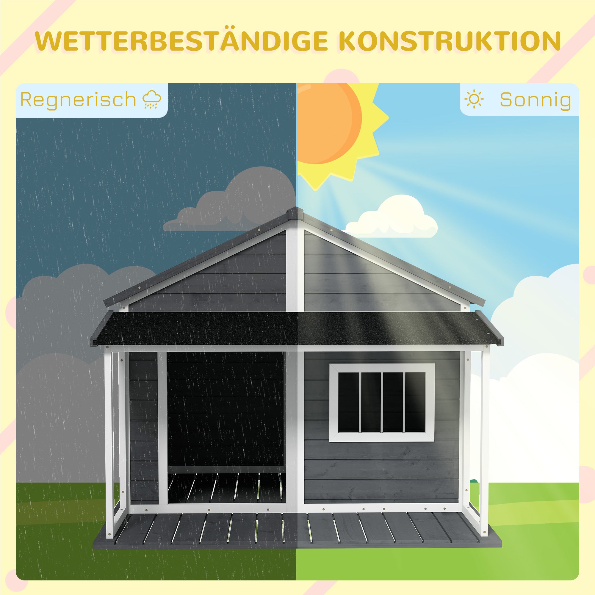 PawHut Hundehütte Outdoor-Hundehütte, inkl. Veranda, wetterbeständig, 124 cm x 112 cm x 105 cm, Grau + Weiß