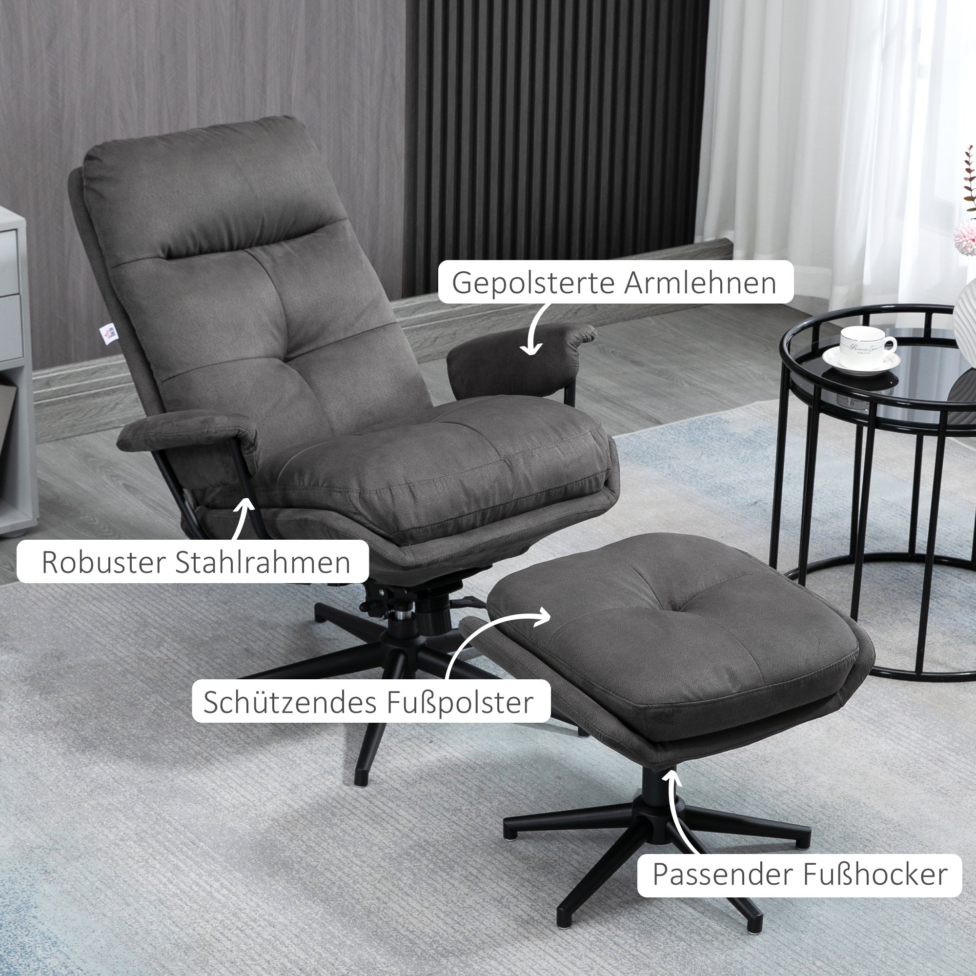 HOMCOM Relaxsessel mit Ottomane, Sessel mit Fußhocker, verstellbare Rückenlehne; Mikrofaser, Dunkelgrau