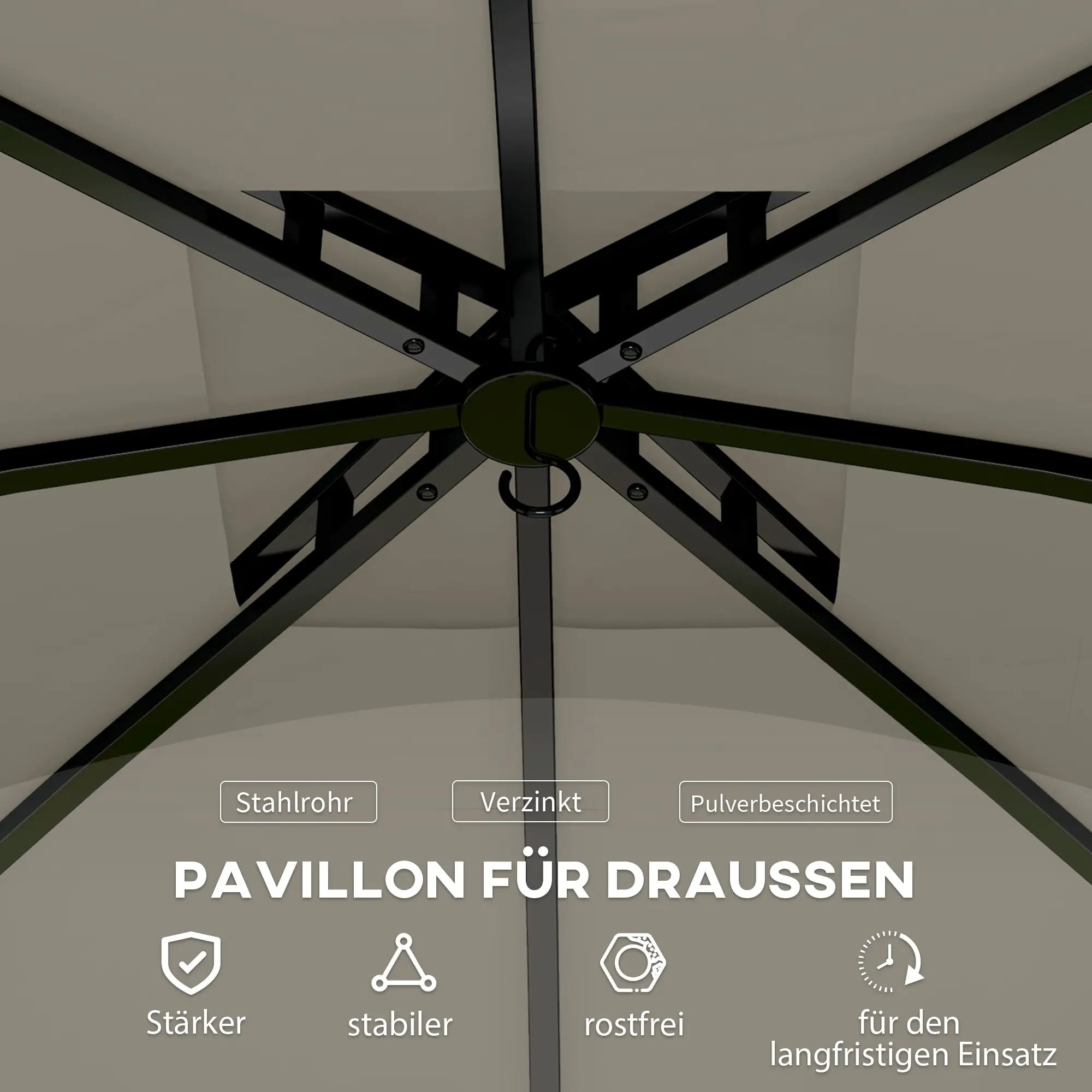 Outsunny 3,4 x 3,4 m Gartenpavillon, Bierzelt mit Lüftungsdach, Bogenfenstern, Stahlgestell, Hellgrau