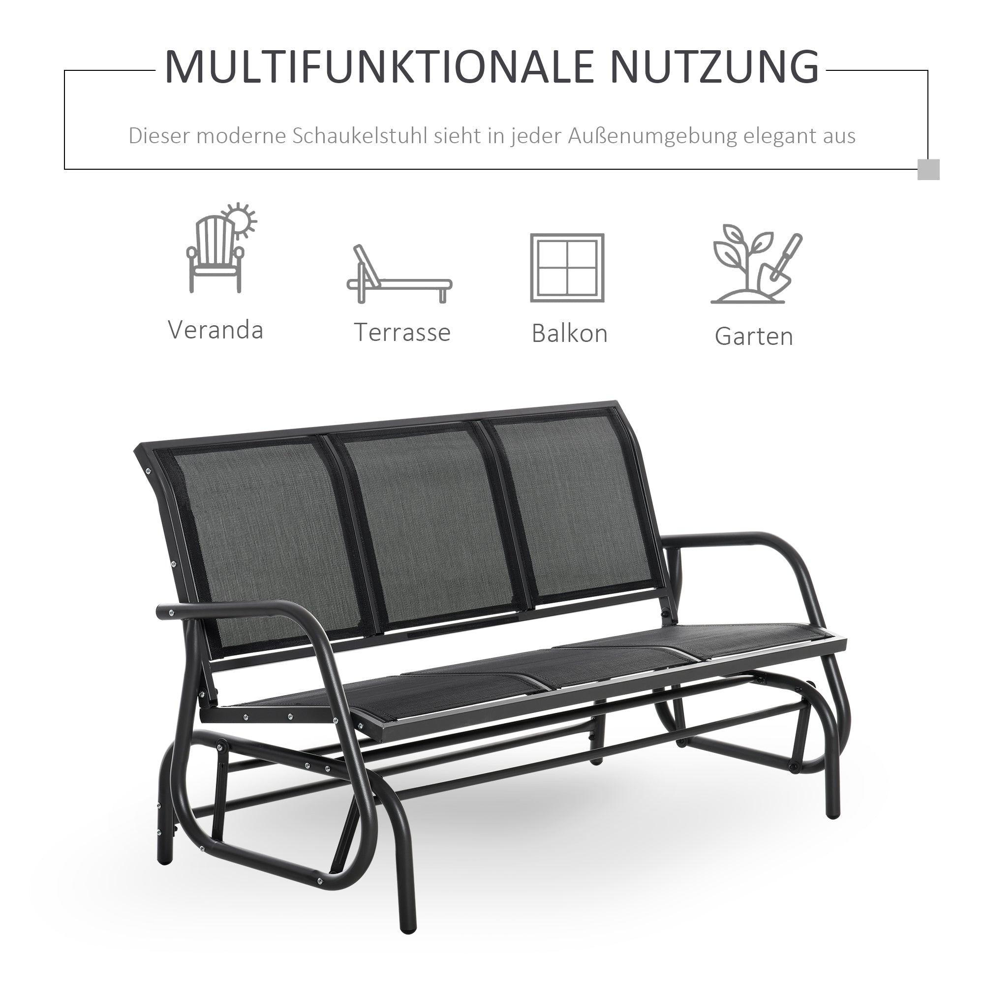 Outsunny 3-Sitzer Schaukelstuhl Gartenbank mit Schaukelmechanismus Gartenschaukel Sitzbank aus Metall Parkbank bis 300 kg belastbar Gartenmöbel für Garten, Terrasse, 147 x 70 x 85 cm Dunkelgrau