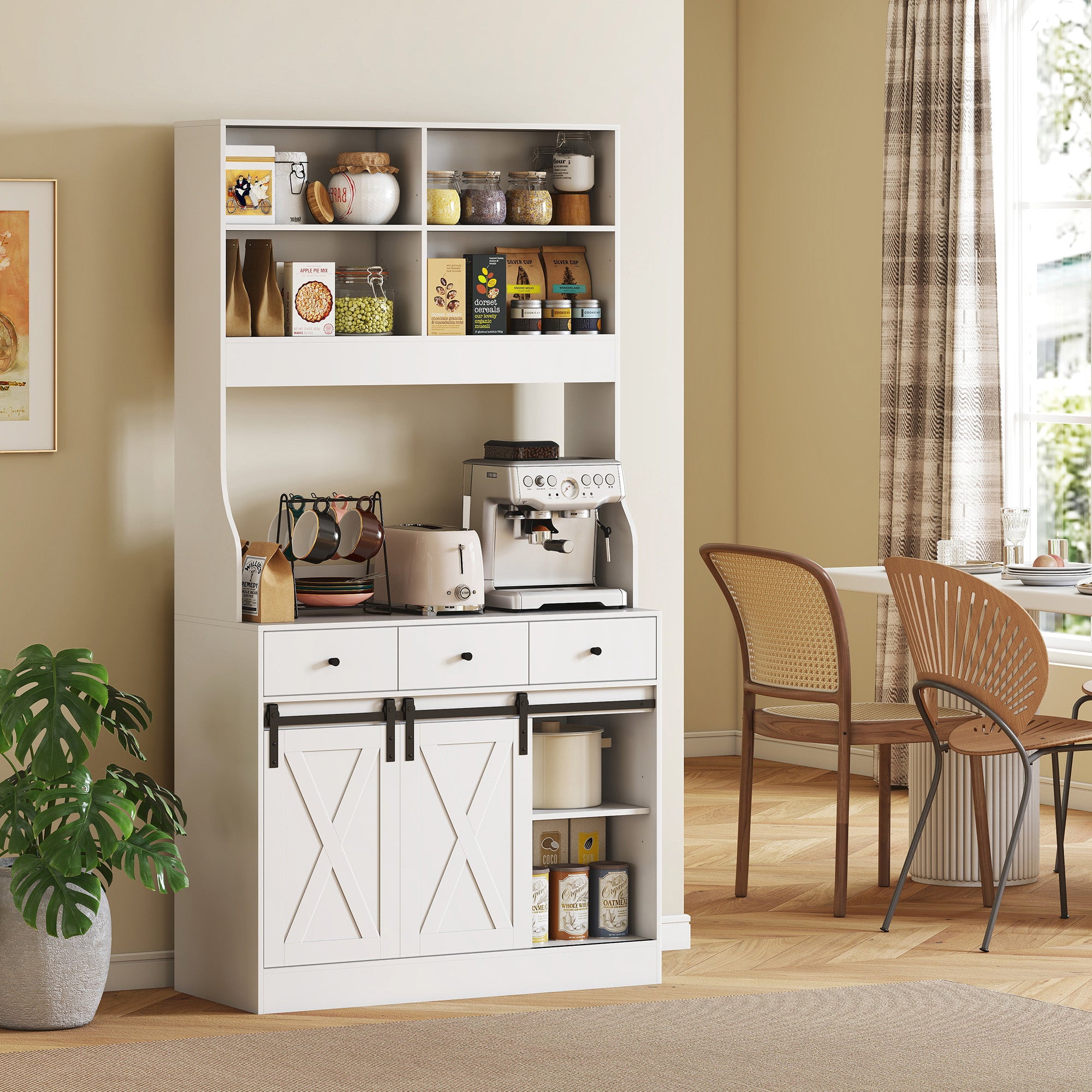 HOMCOM Küchenschrank mit Regalen, Schränken, Schubladen und Ablagefläche, Bauernhaus-Flair, verstellbare Regale, Holz, Weiß