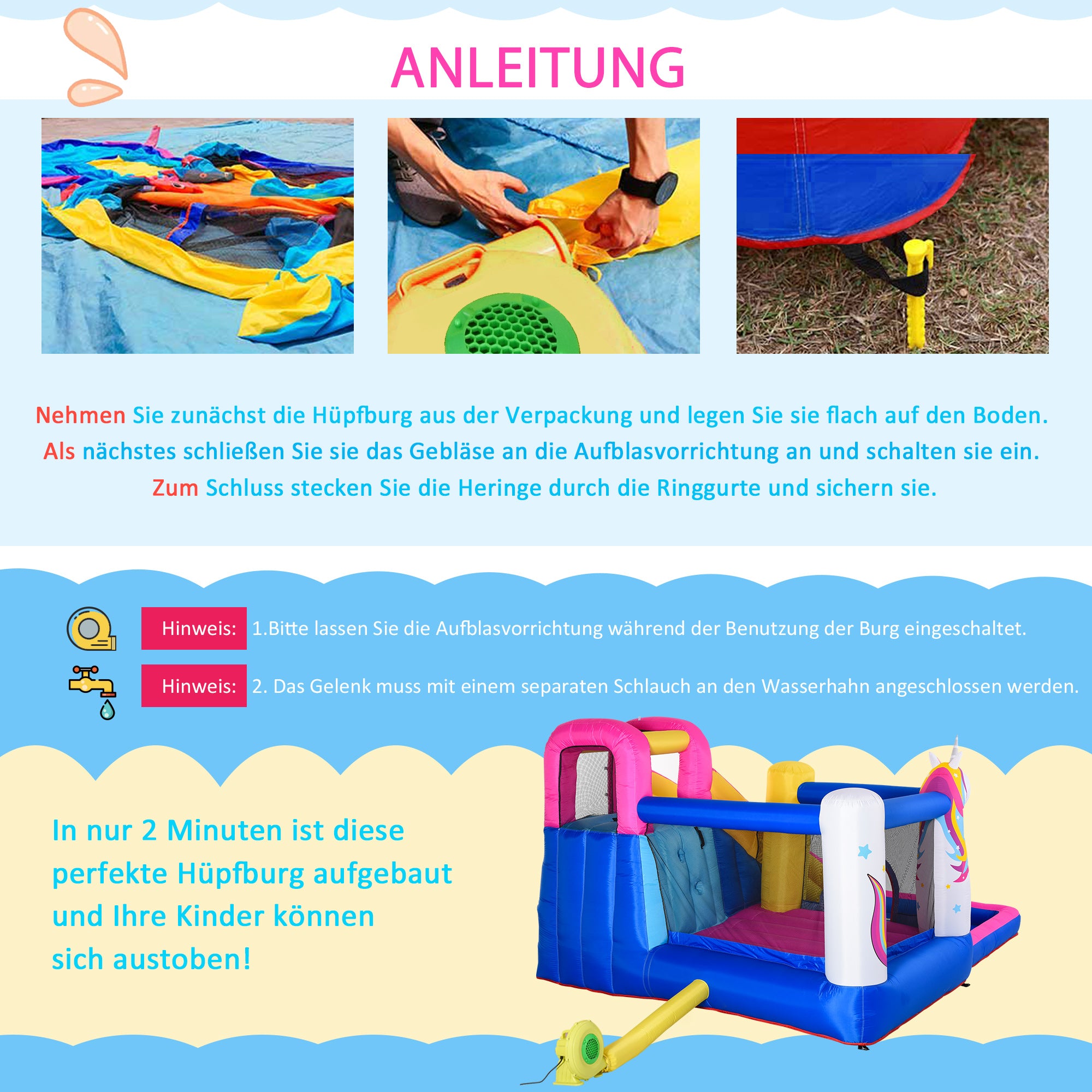 Outsunny Hüpfburg im Märchendesign inkl. Gebläse, Rutsche, Wasserbecken u. Basketballkorb 360 x 305 x 210 cm
