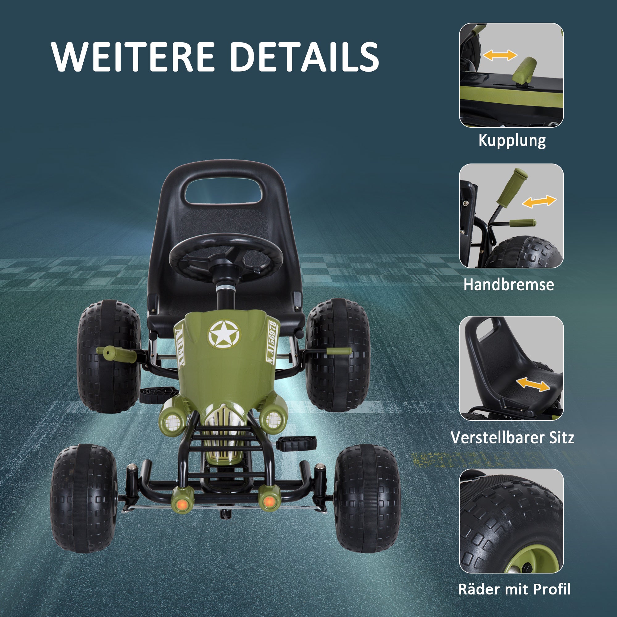 HOMCOM Go Kart Tretauto Tretfahrzeug mit Handbremse, Vor- und Rückwärtsgang, Kinderfahrzeug Kettcar Tretfahrzeug mit Verstellbarem Sitz für Kinder 3-6 Jahren, 99 x 65 x 56cm Grün