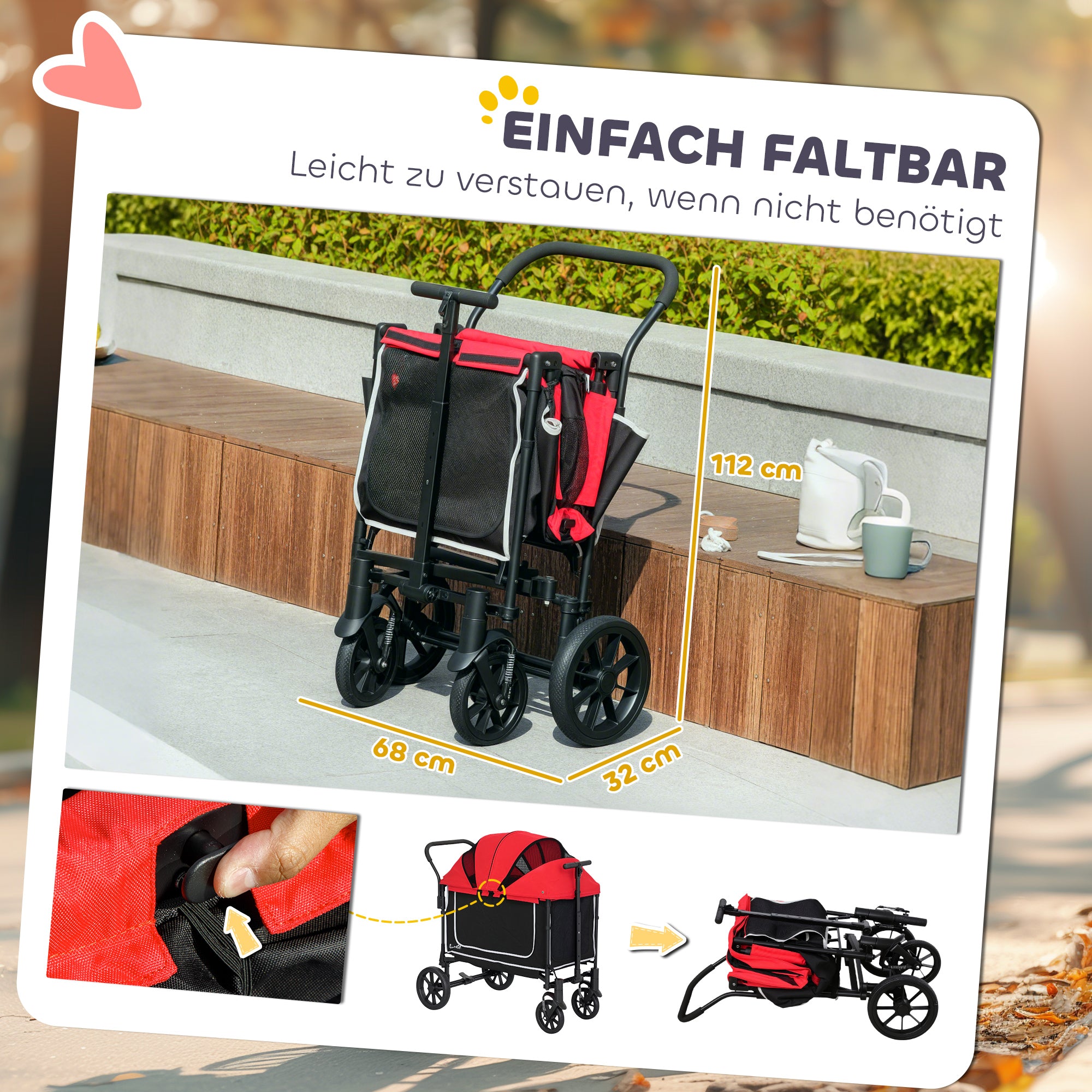 PawHut Hundewagen Hundebuggy klappbar für Hunde & Katzen bis 30 kg 110 x 65 x 102 cm Rot