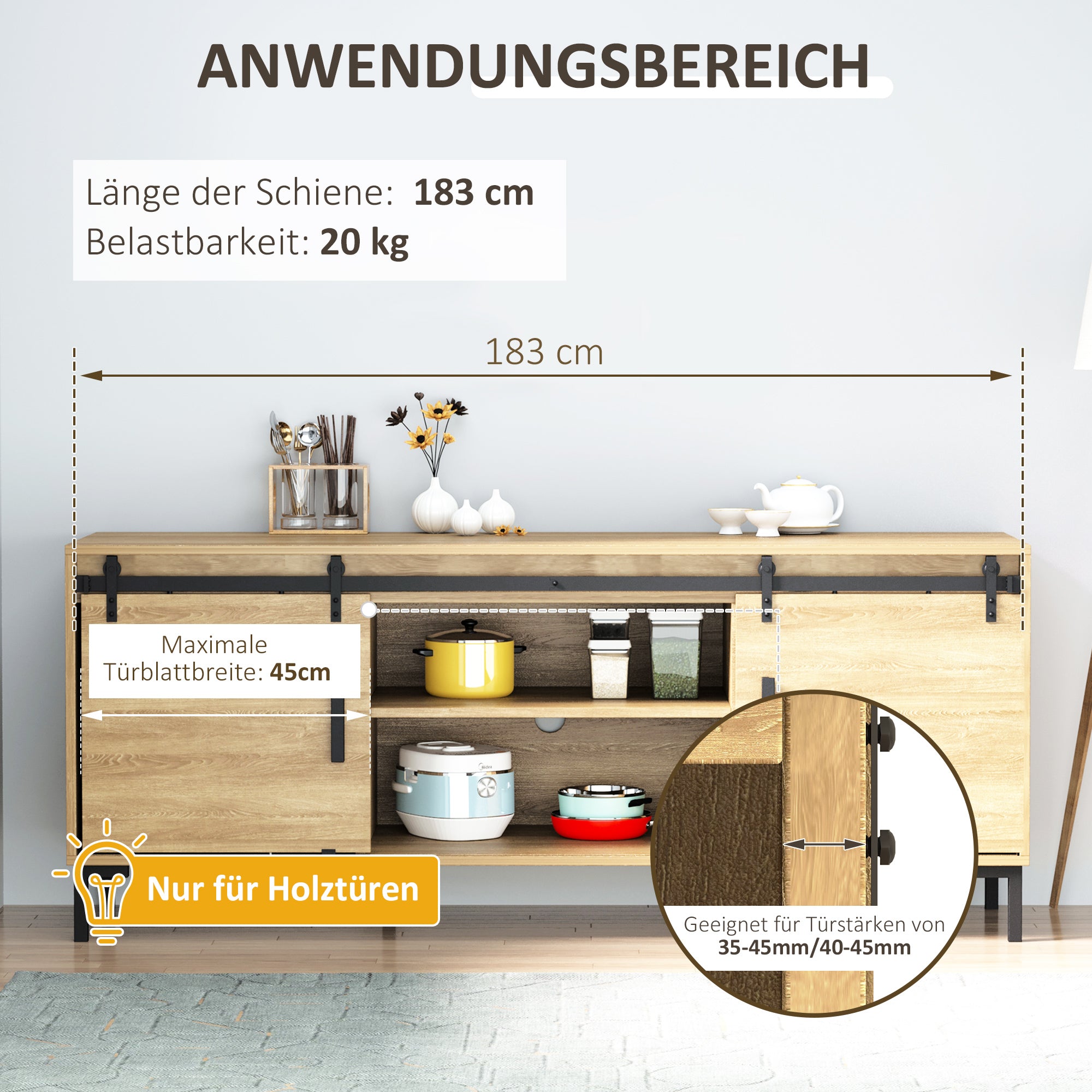HOMCOM 183 cm Schiebetür Komplettset Schiebetürsystem mit Bodenführung, Schiebetür Laufschiene, Laufrollen Schiebetürbeschlag aus Kohlenstoffstahl für Doppelschiebetür
