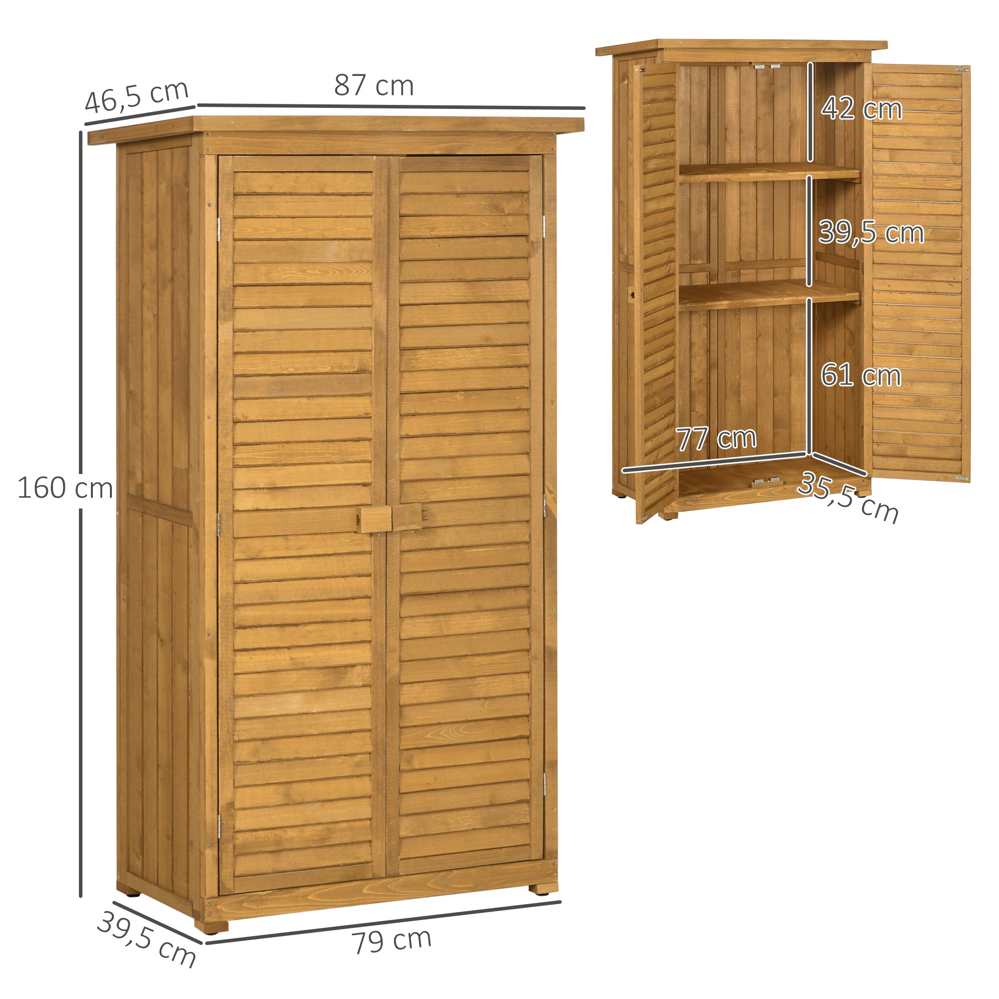 Outsunny Geräteschuppen mit Lamellentüren 3 Regale wetterbeständig 87 cm x 46,5 cm x 160 cm Tannenholz Braun