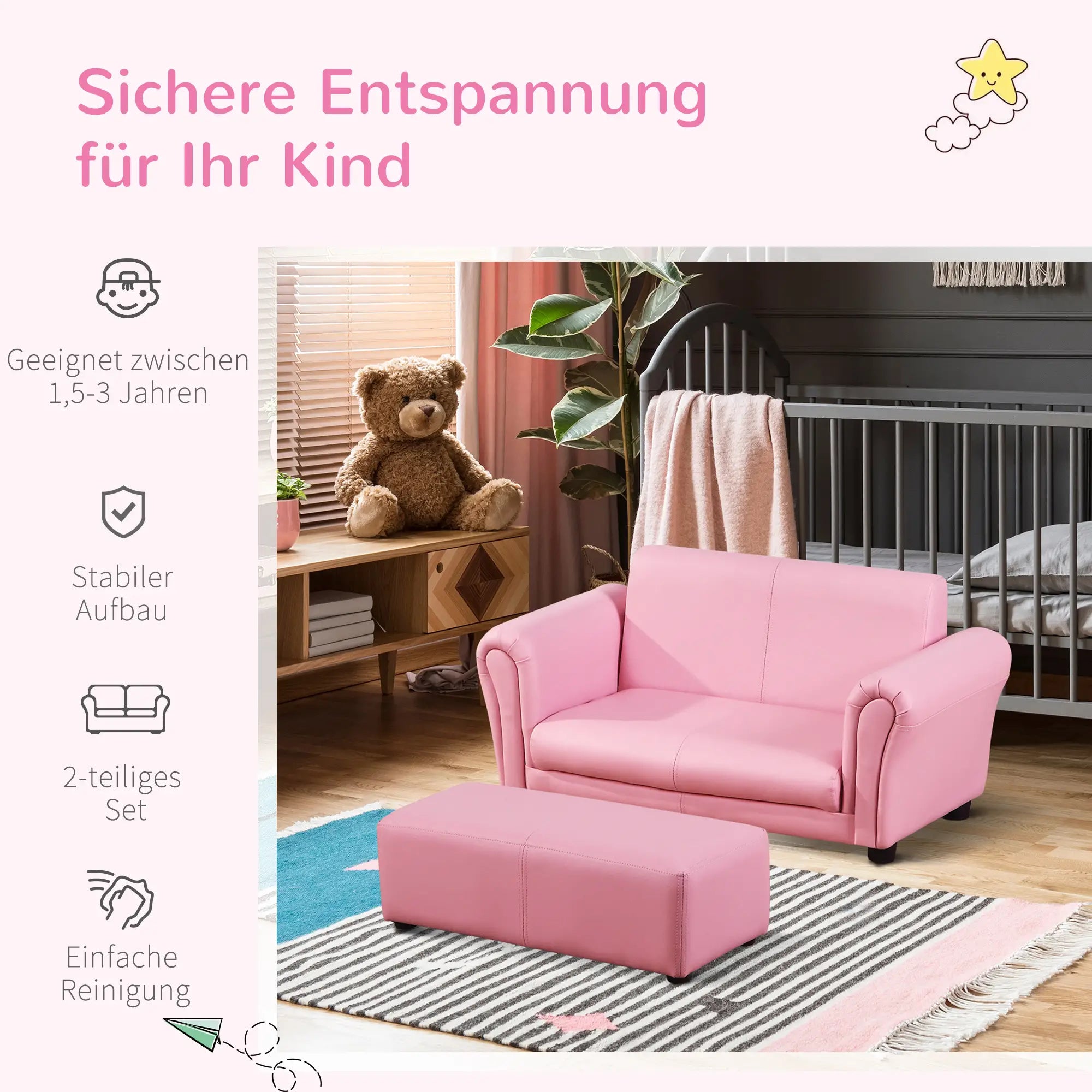 HOMCOM Kindersessel mit Hocker 2-teiliges Set Rosa