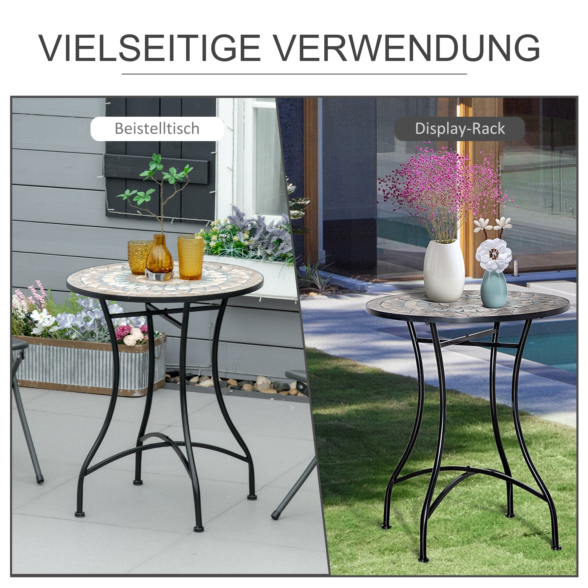 Outsunny Gartentisch Mosaiktisch Balkontisch Beistelltisch Seviertisch rund Stahl + Keramik Orange + Weiß Ø60 x H71 cm