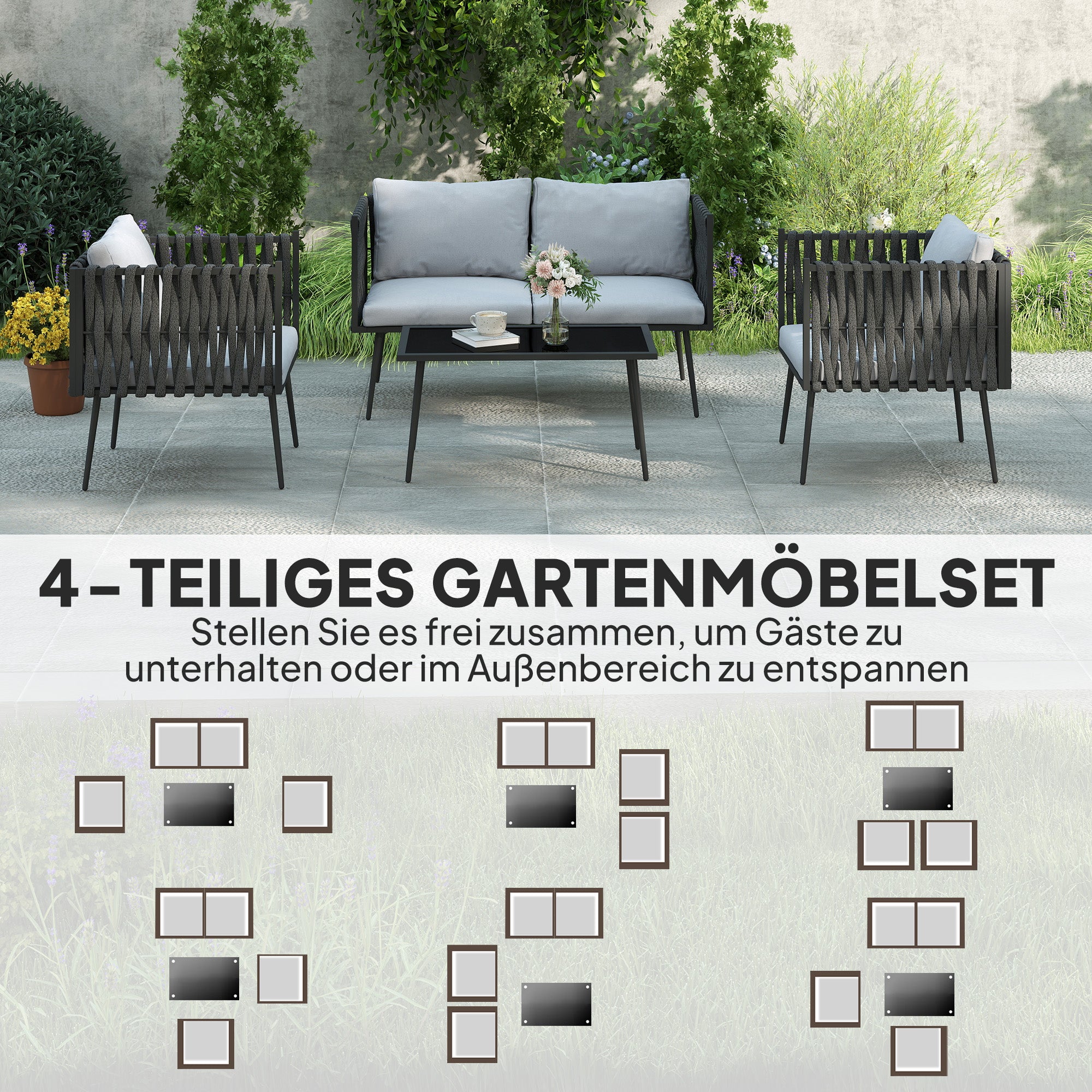Outsunny Gartenmöbel Set 4 Personen wetterfest Balkonmöbel-Set mit 2er Sofa, Sessel Glastisch Sitzkissen Hellgrau