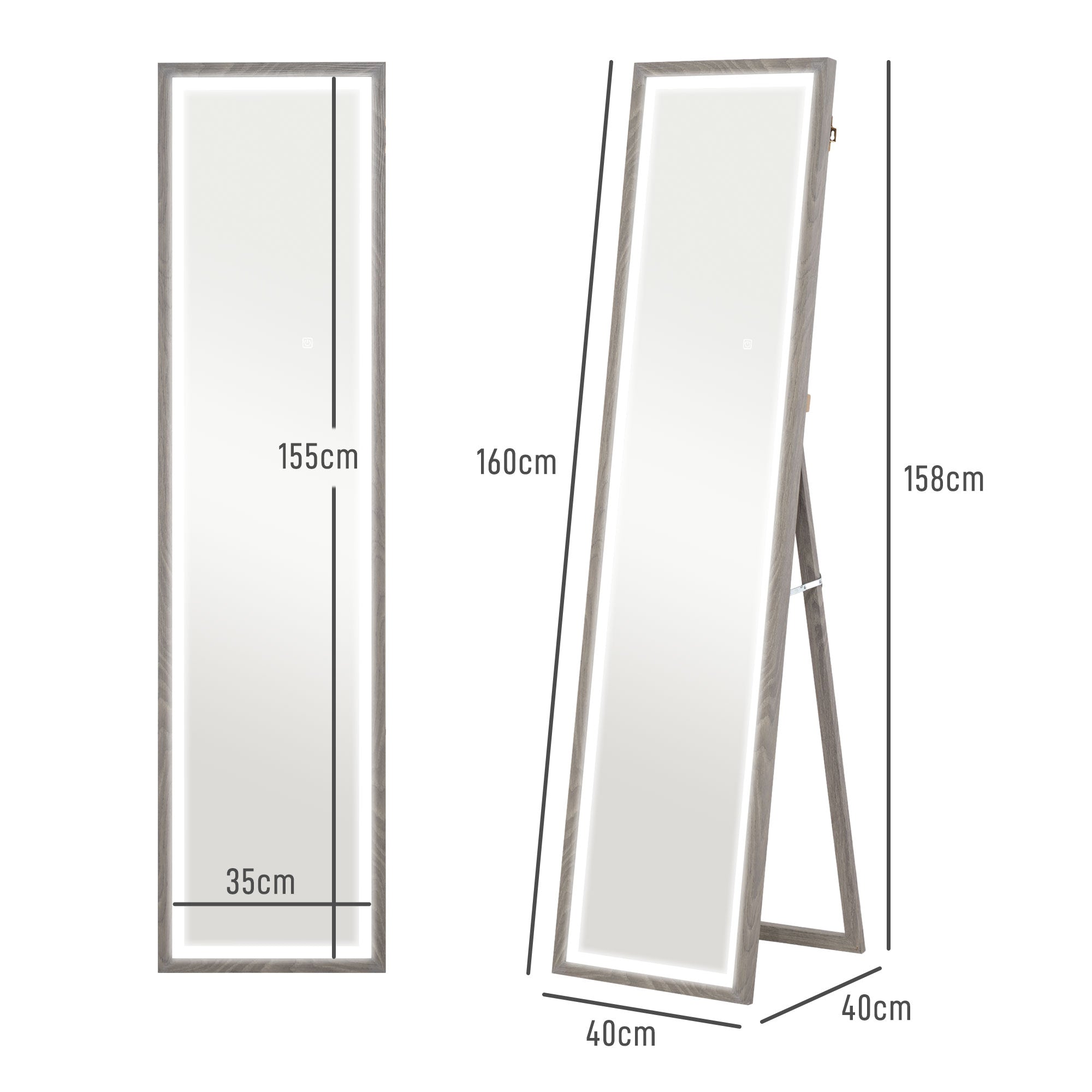 HOMCOM LED Ganzkörperspiegel, 40 x 160 cm, Touch-Steuerung, dimmbar, 3 Farben,  Grau