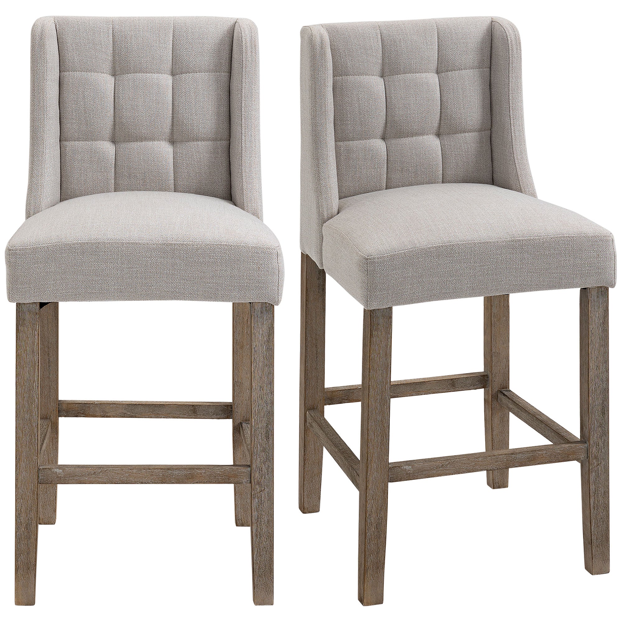 HOMCOM 2er-Set Barhocker mit lehne Barstühle mit Knopfheftung, Massivholz, inkl. Fußstütze, 47 cm x 50 cm x 101 cm, Grau + Natur