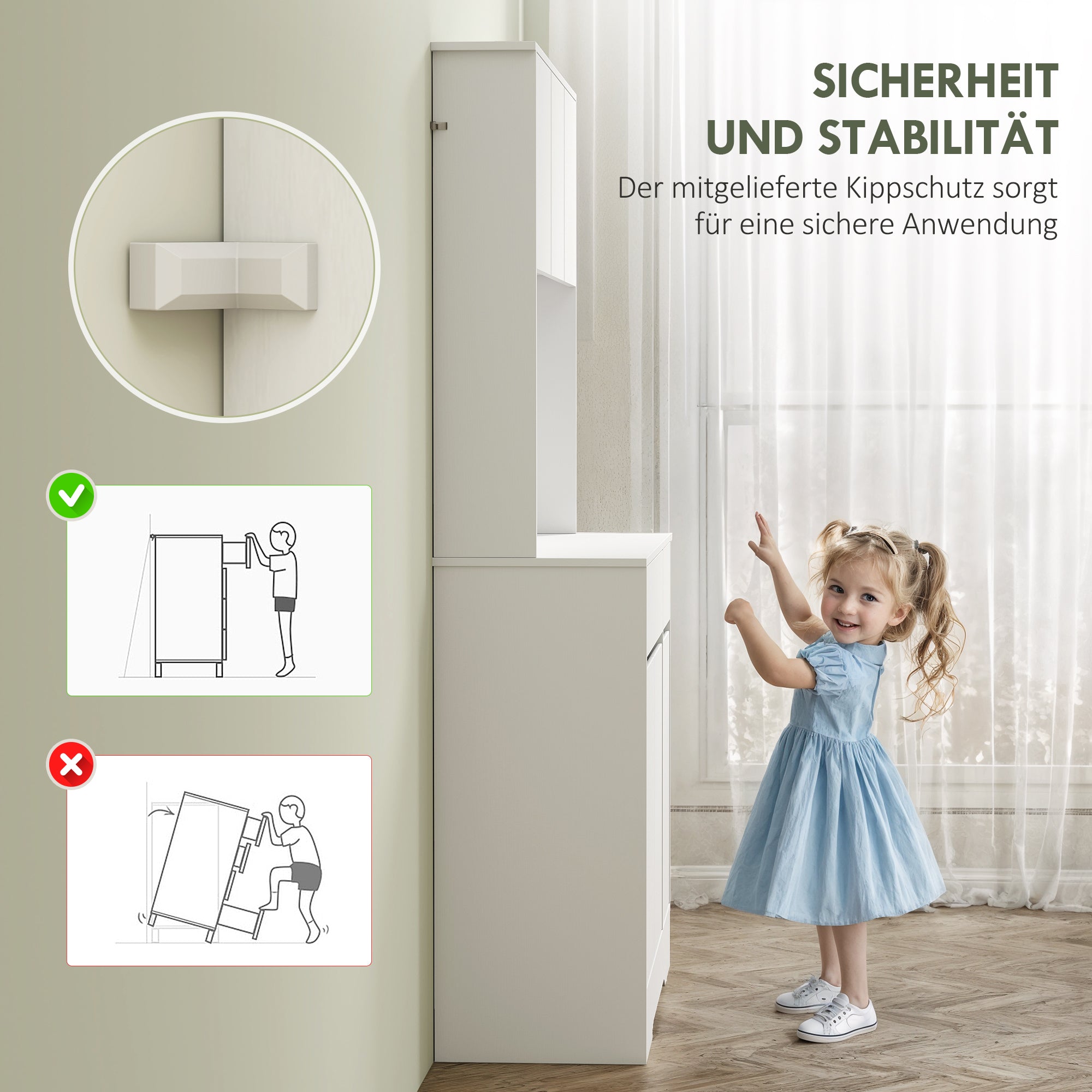 HOMCOM Küchenschrank mit offener Arbeitsfläche, 6 Schranktüren, 2 Schubladen, verstellbare Regale, Kabellöcher, Spanplatte, Weiß