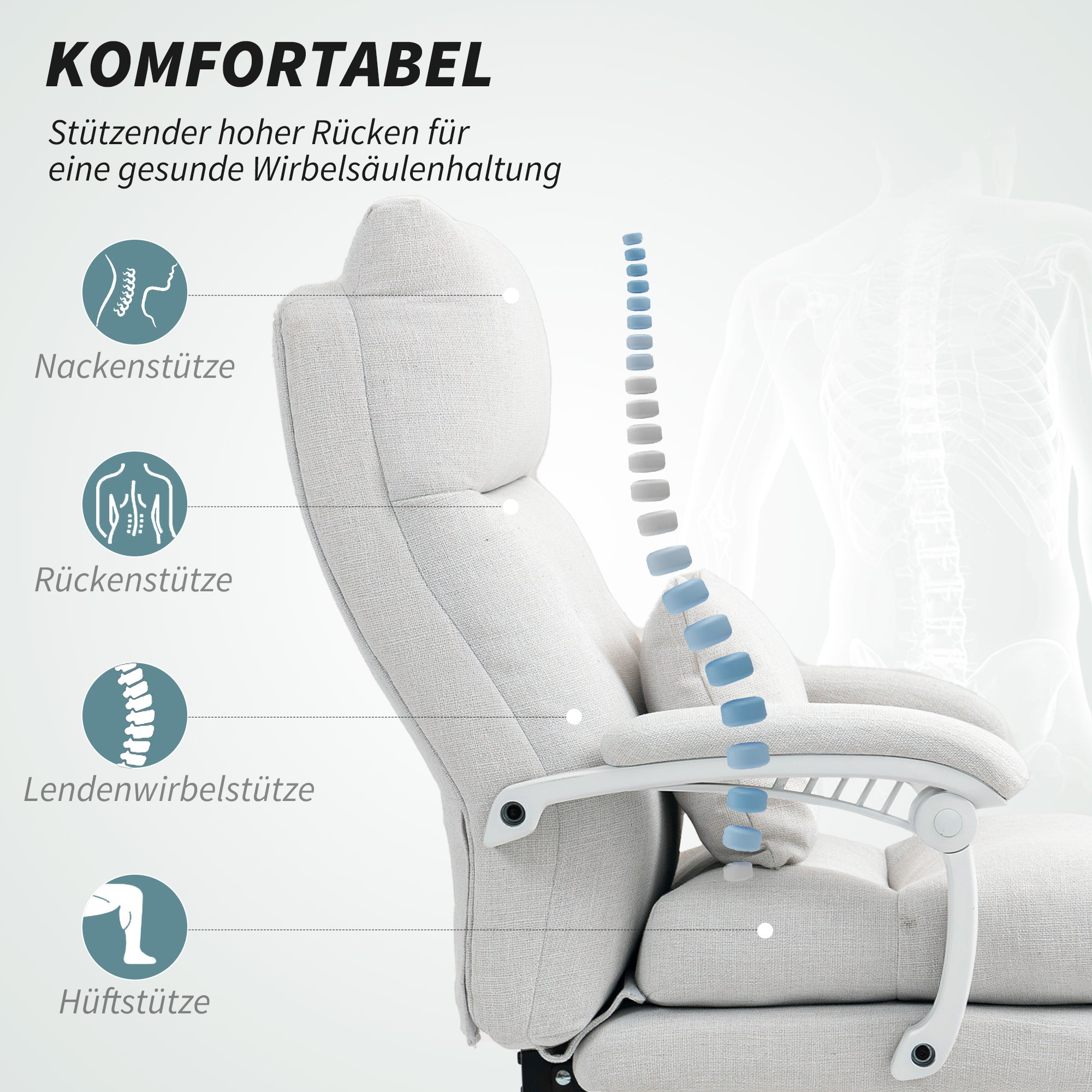 HOMCOM Rollsessel, Leinenoptik, höhenverstellbar, 160 Grad neigbar, Fußstütze, Cremeweiß