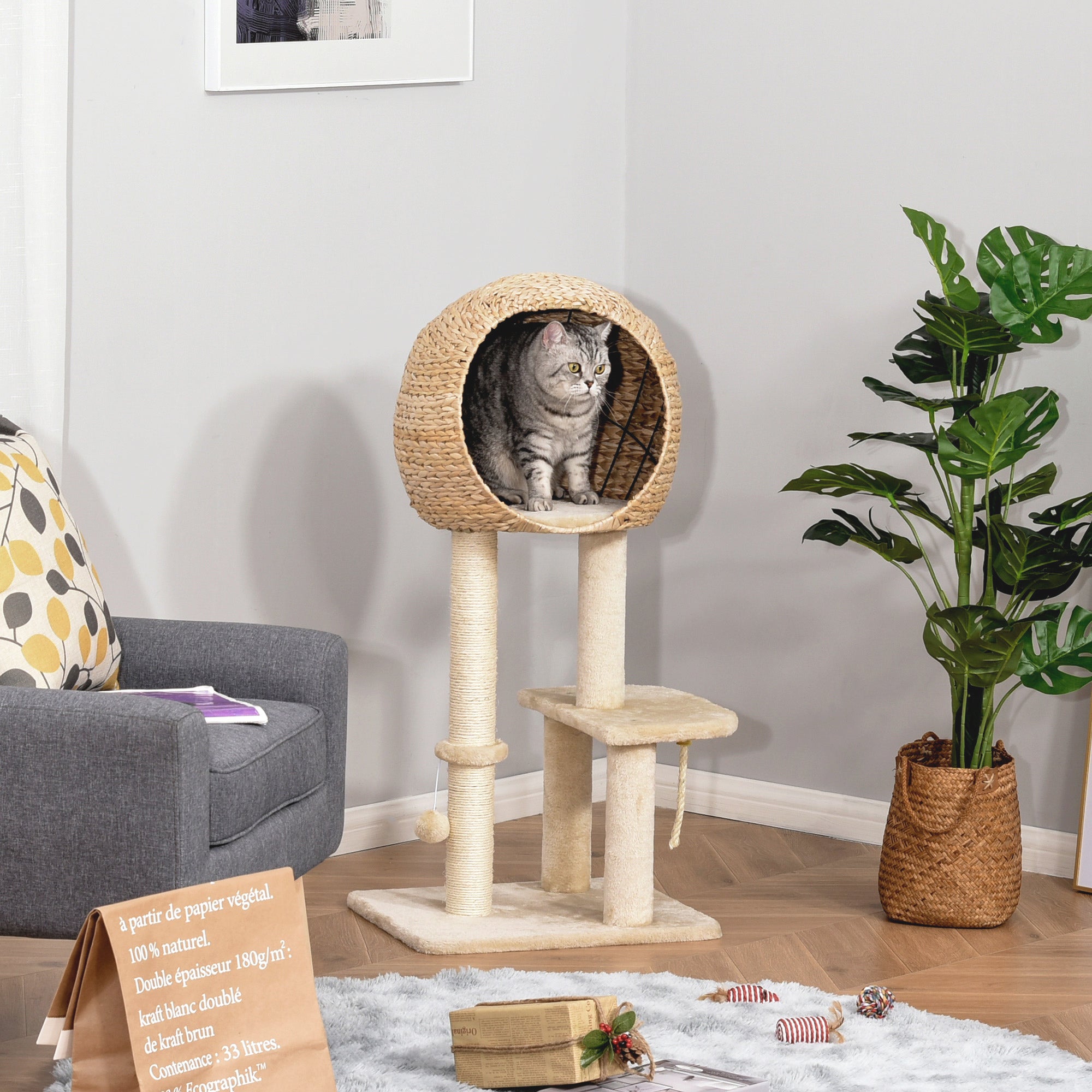 PawHut Kratzbaum 100 cm Katzenturm mit Höhle, Spielball, Sisalstämme, Plattform, mehrstöckiger Katzenkratzbaum, Kletterbaum, für mittelgroße Katzen, Beige