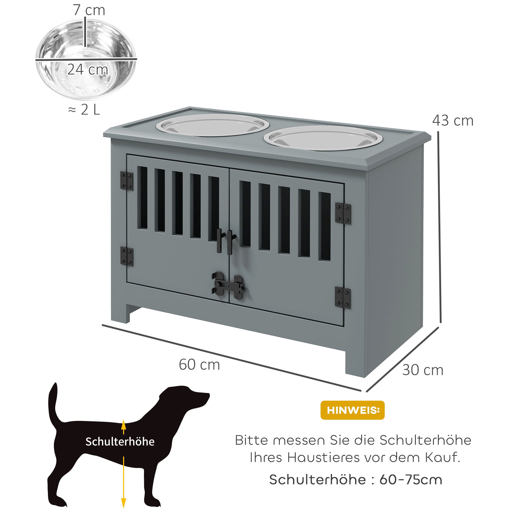 PawHut Erhöhte Futterstation für große Hunde, 2 Edelstahlnäpfe, Stauraum, 35,5x60x30 cm, Grau