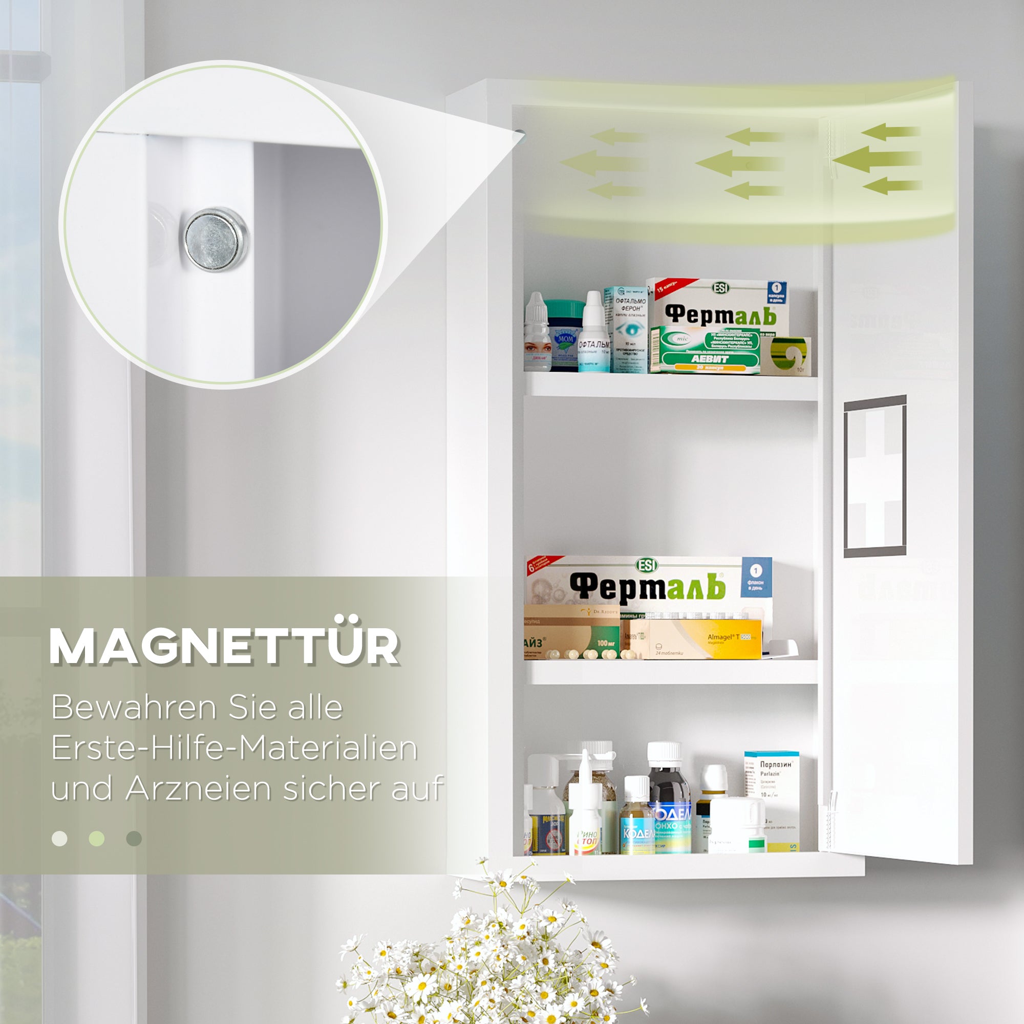 kleankin Medizinschrank, 3 Innenfächer, Magnetverschluss, Kreuzsymbol, Stahlgehäuse, weiß, 30 x 12 x 60 cm