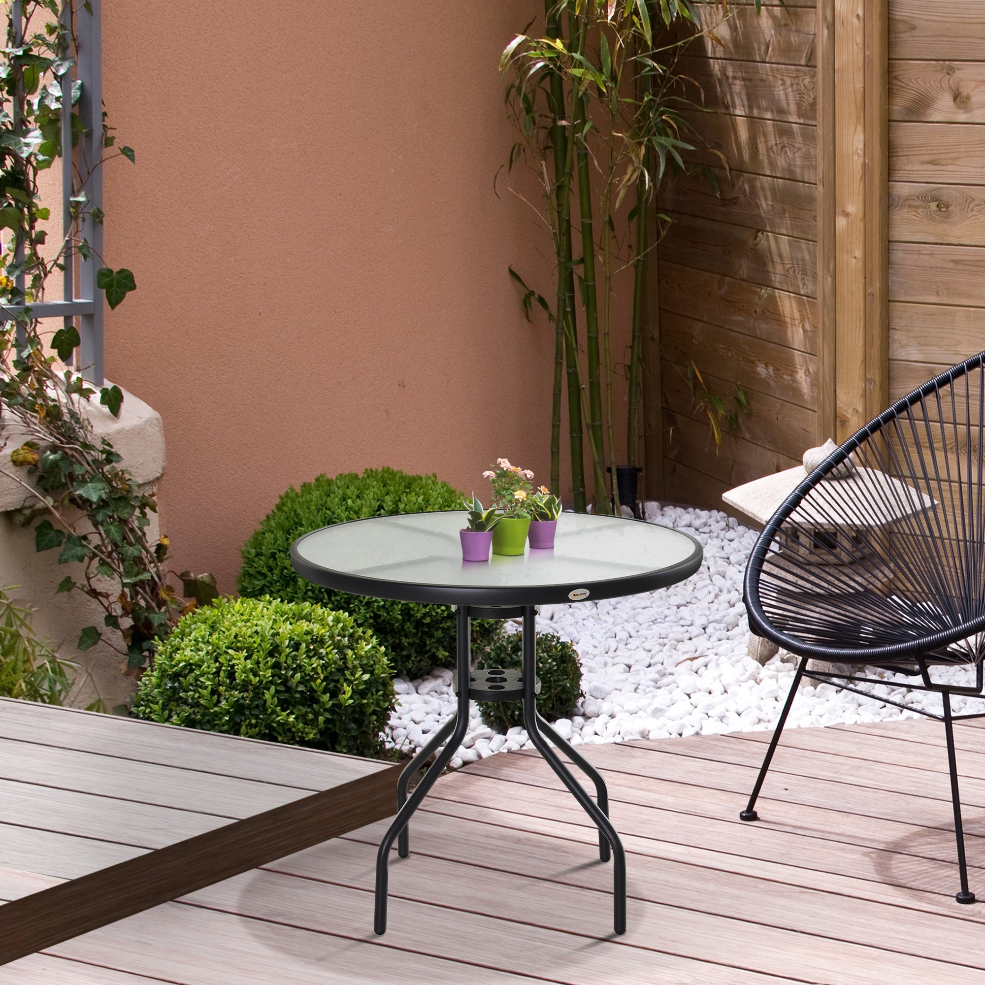 Outsunny Gartentisch Balkontisch mit Schirmhalterung Hartglas