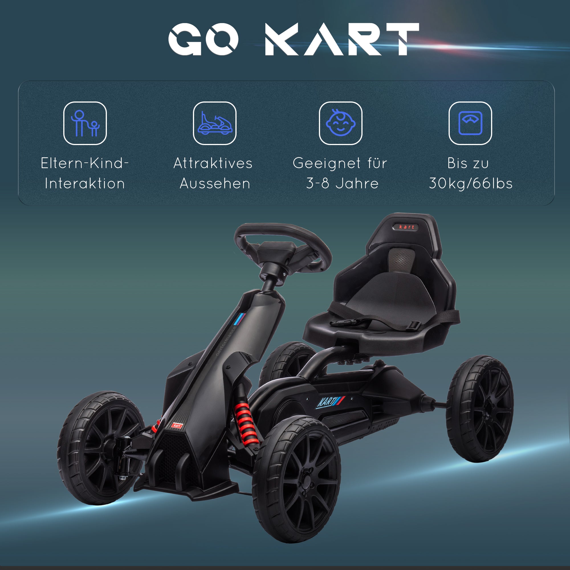 HOMCOM Go-Kart, Kinderfahrzeug mit verstellbarem Sitz, Tretfahrzeug, Tretauto mit Handbremse, 3-8 Jahre, Outdoor, Schwarz