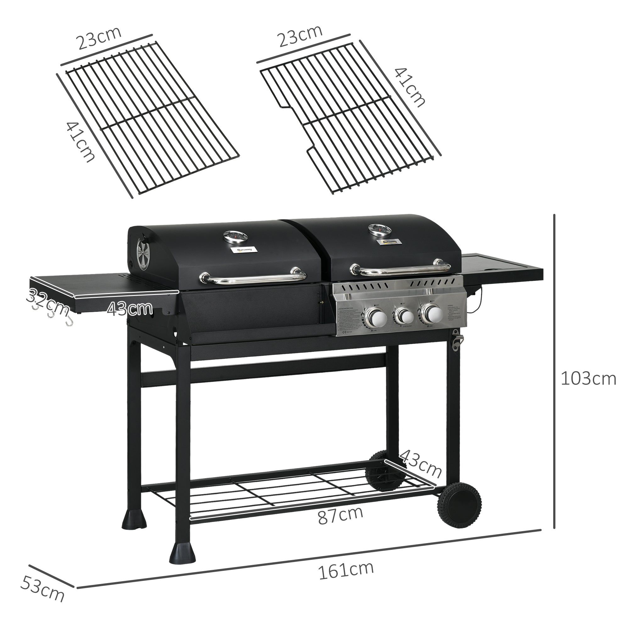 Outsunny Gasgrill BBQ-Grill, inkl. Thermometer, Warmhalteplatten, 161 x 53 x 101 cm, Schwarz + Silber