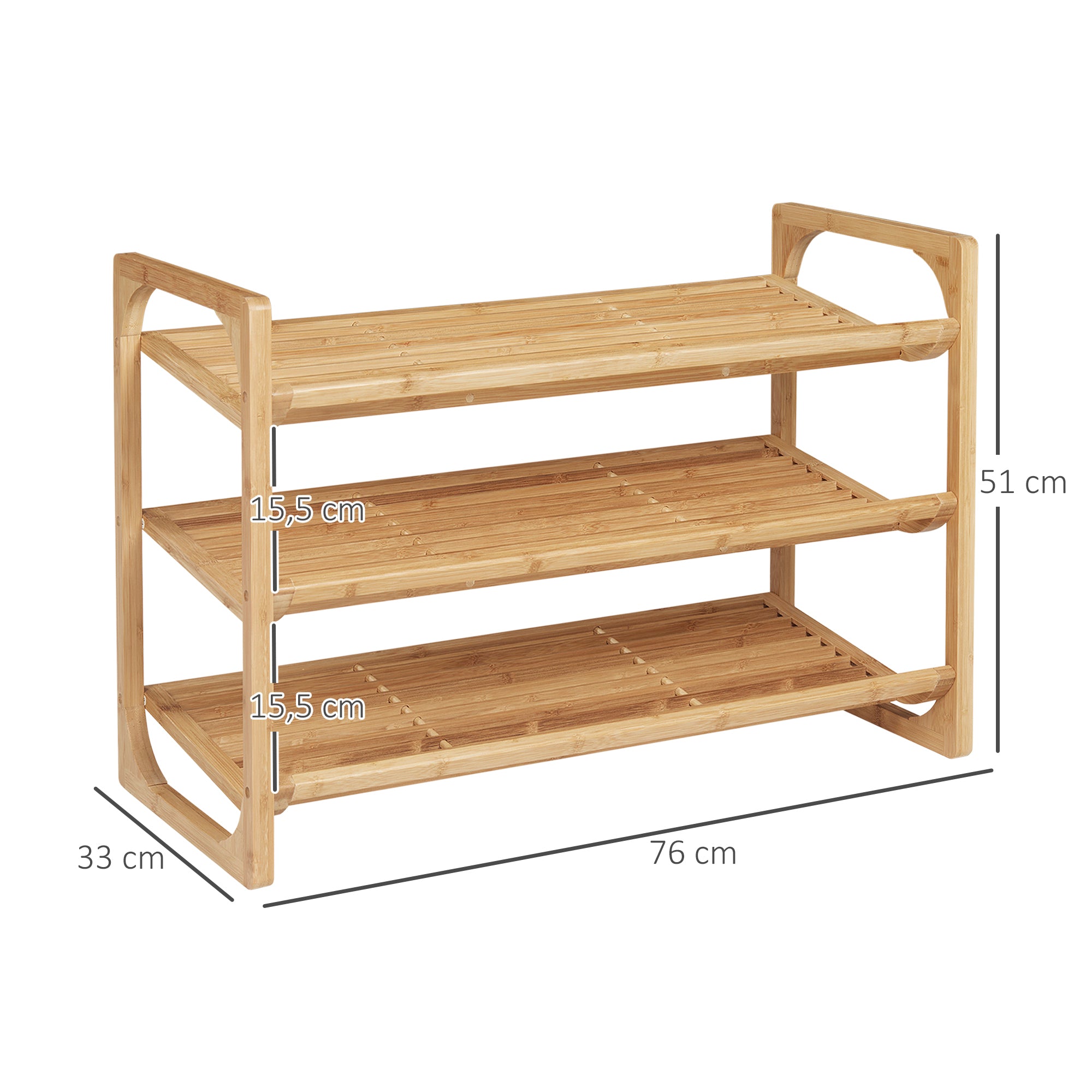 HOMCOM Schuhregal für 9 Schuhpaare, 3 Etagen, erhöhte Kanten, Bambusholz, 76 x 33 x 51 cm