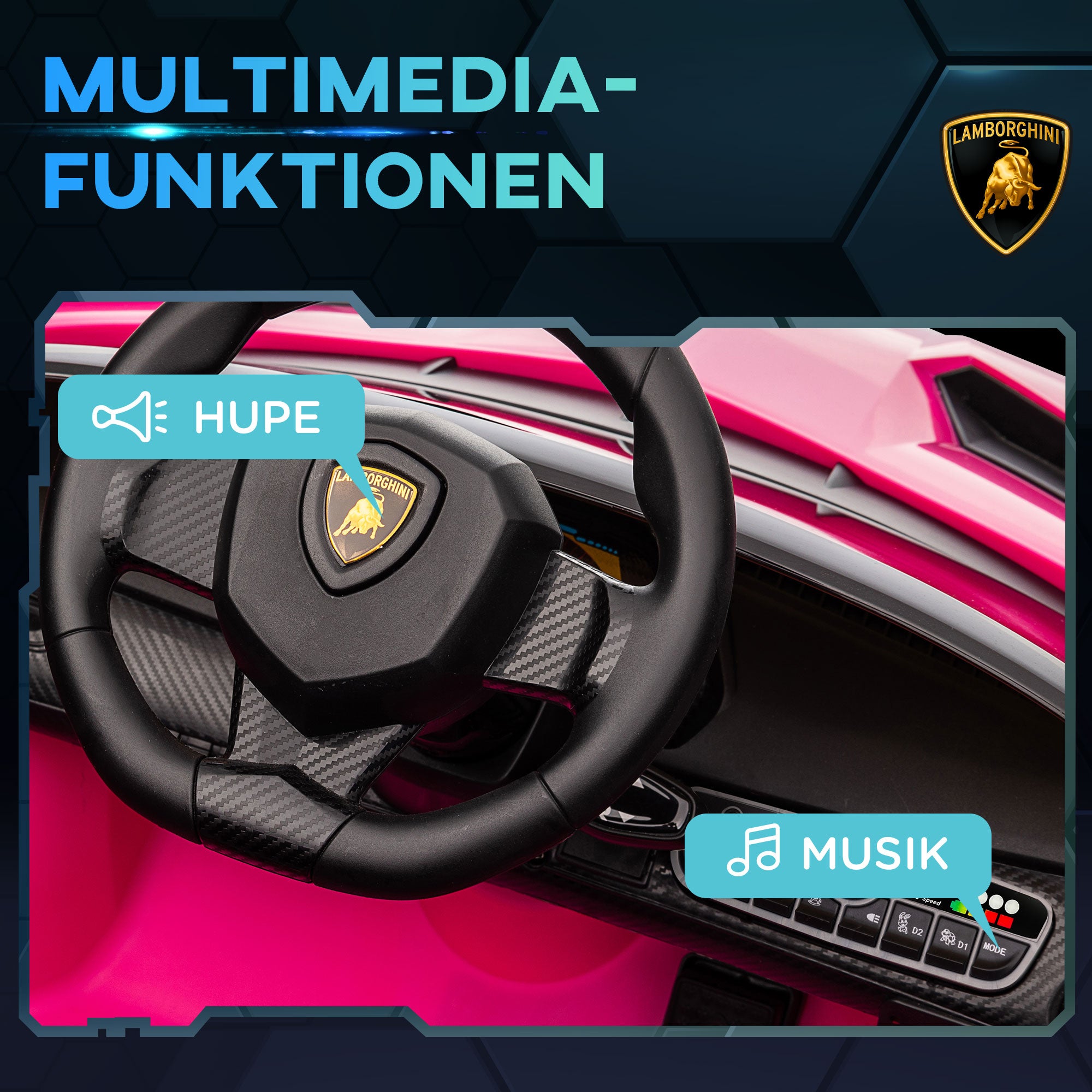HOMCOM Elektro Kinderauto, lizenzierter Lamborghini Veneno, 3-7 km/h, Flügeltüren, Musikplayer, Fernsteuerung, pink