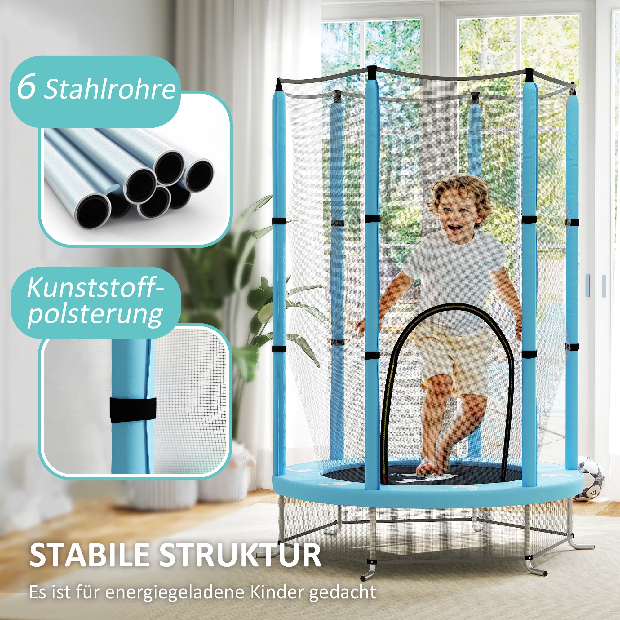 AIYAPLAY Kindertrampolin mit Sicherheitsnetz, für den Innen- und Außenbereich, 3-6 Jahre, Hellblau