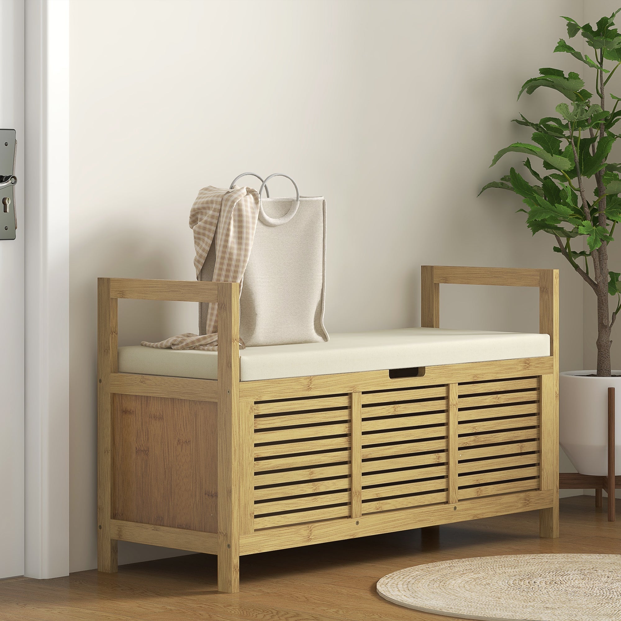 HOMCOM Schuhablage mit Stauraum, Schuhbank, weiche Sitzfläche, Bambus, 100x40x60 cm