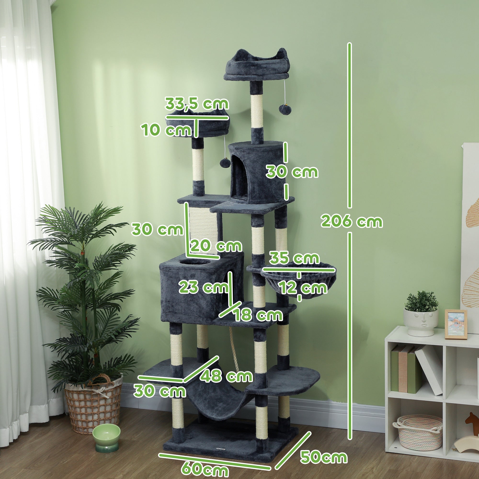 PawHut Kratzbaum 206 cm Katzenturm mit Höhle, 2 Spielballen, Sisalstämme, Plattform für große Katzen, Dunkelgrau