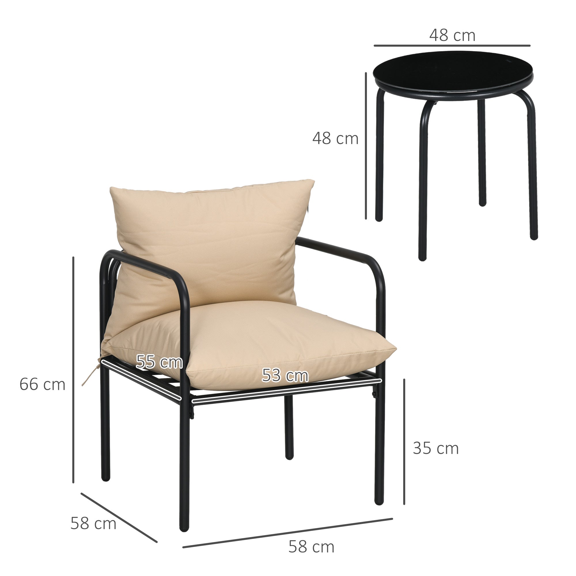 Outsunny Outdoor Sitzgruppe, 3-teilig, 2 Stühle, Tisch mit Glasplatte, Sitzkissen, Metallgestell, Beige