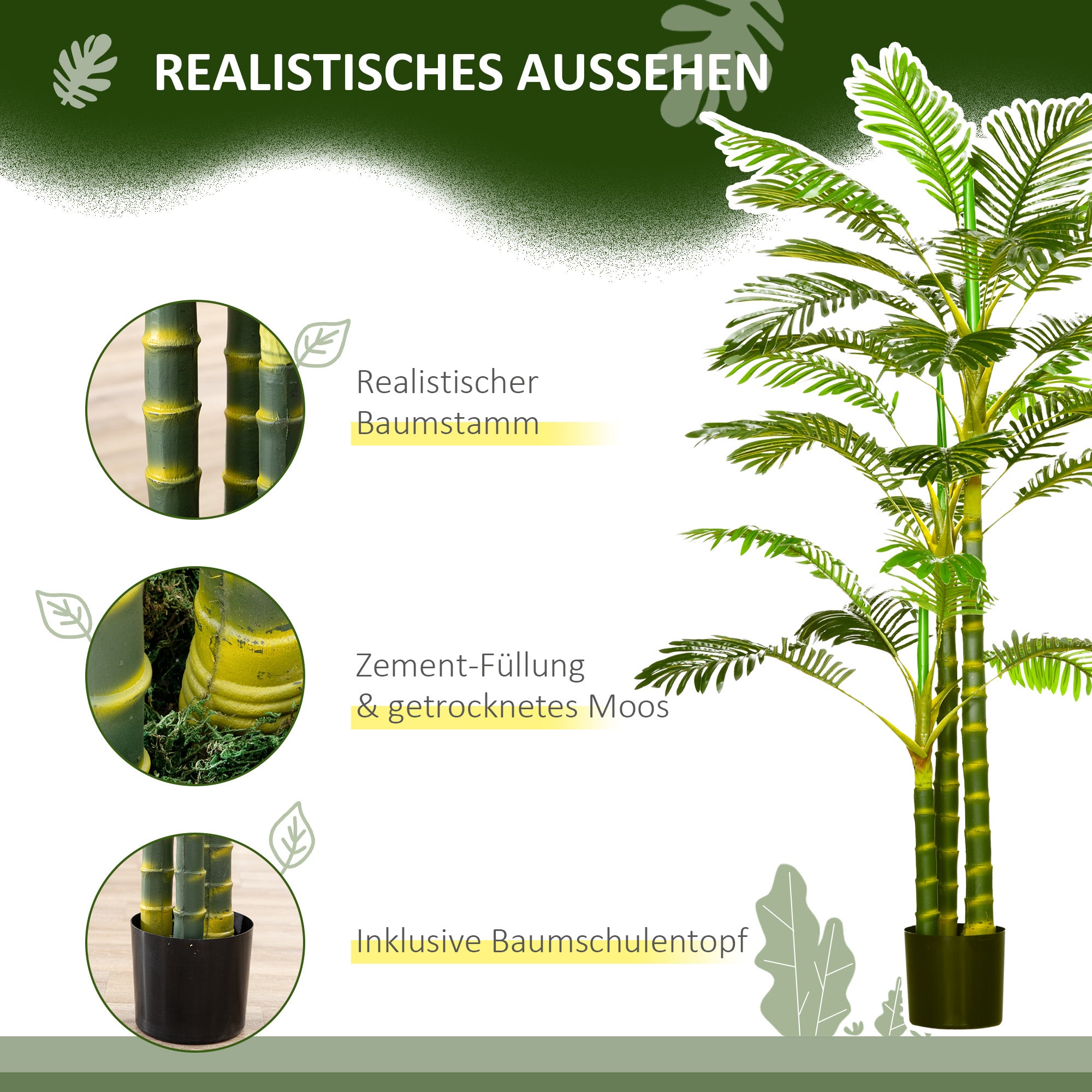 HOMCOM Künstliche Pflanze im Topf, 190 cm, Pflegeleichte Kunstpalme für den Innen- und Außenbereich, Kunststoff, Grün