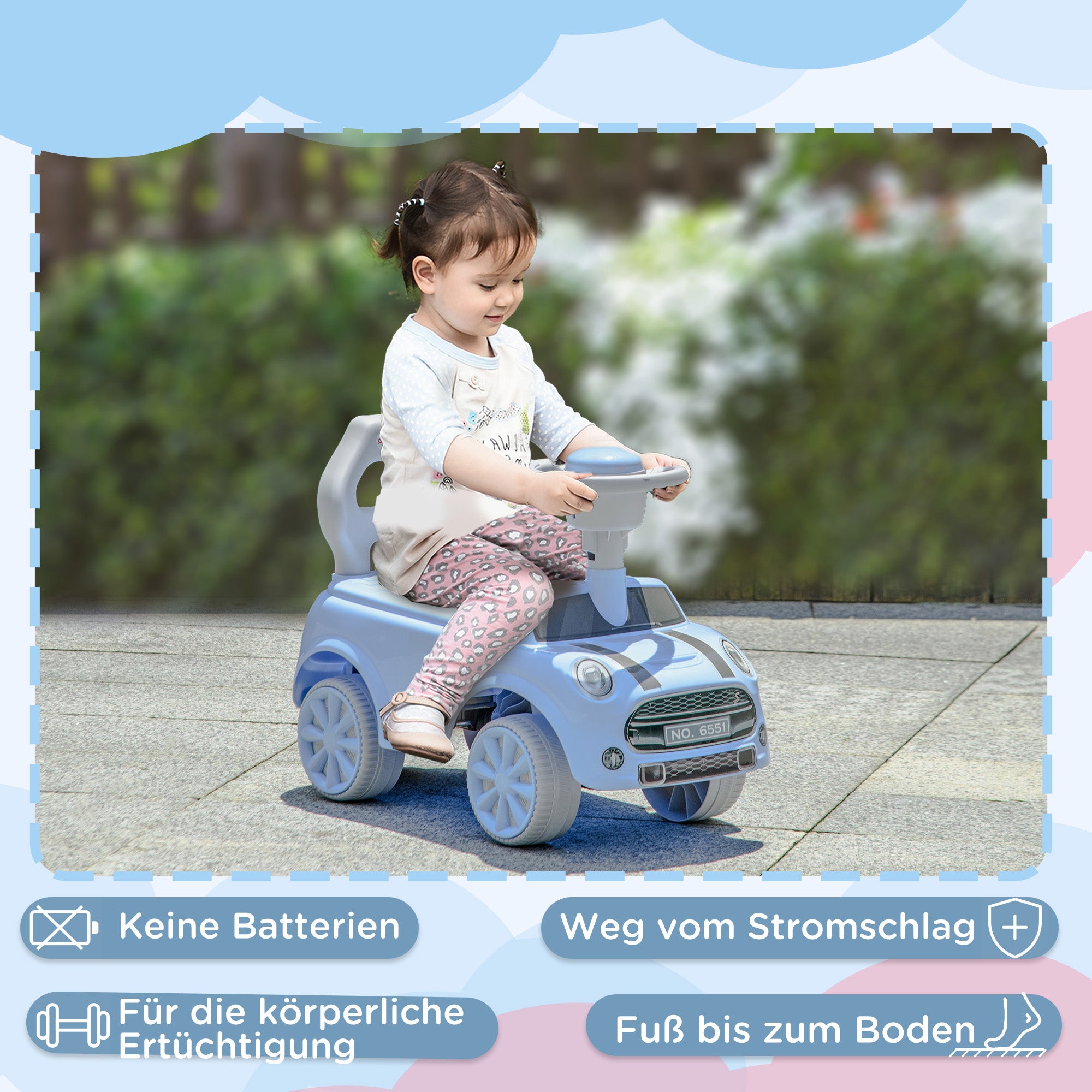 AIYAPLAY Rutschauto für Kinder, Anti-Überkippschutz, Rückenlehne, Hupe, rutschfester Sitz, Hellblau