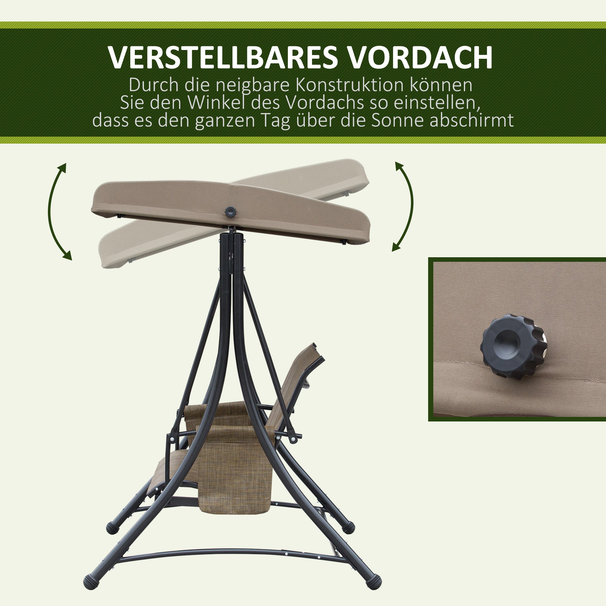 Outsunny 3-Sitzer Hollywoodschaukel, Gartenschaukel mit Sonnendach, Schaukelbank mit Ablage, Aluminium, 196 x 128 x 172 cm, Braun
